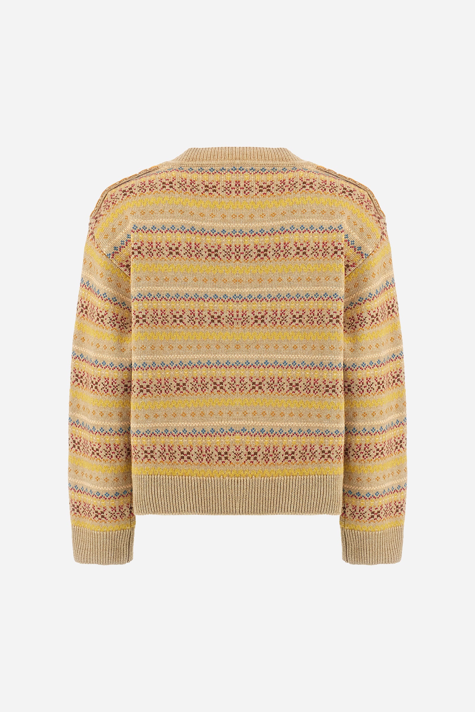 Women’s crew-neck sweater with long sleeves in lambswool blend with ribbed collar, cuffs and hem. Multicolour jacquard horizontal stripe pattern on body and sleeves. Logo on faux leather label applied to the front hem. Straight, regular fit combining style and comfort. The model wears size 2. - Safari