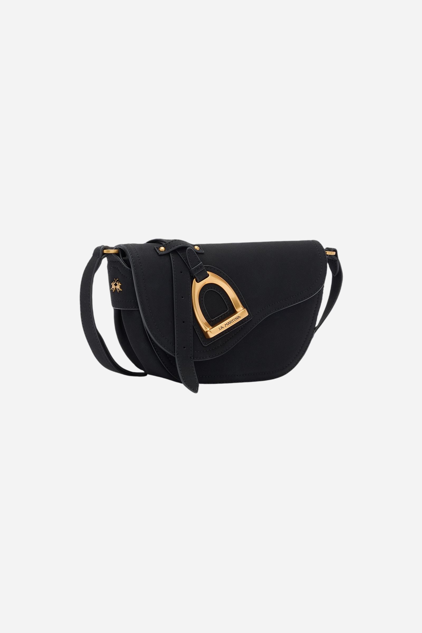 Small crossbody bag in nubuck, compact and velvety, with shaped flap closed by hidden magnet and golden logo buckle on the front. The strap is fixed. Dimensions:24 x 17 x 8 - Black