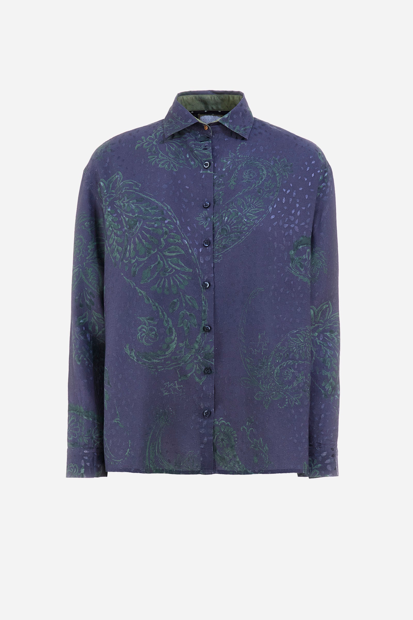 Women's long-sleeved shirt, made from patterned viscose. Spread collar. Regular fit. The model is wearing a size 2. - Navy/Pine Grove