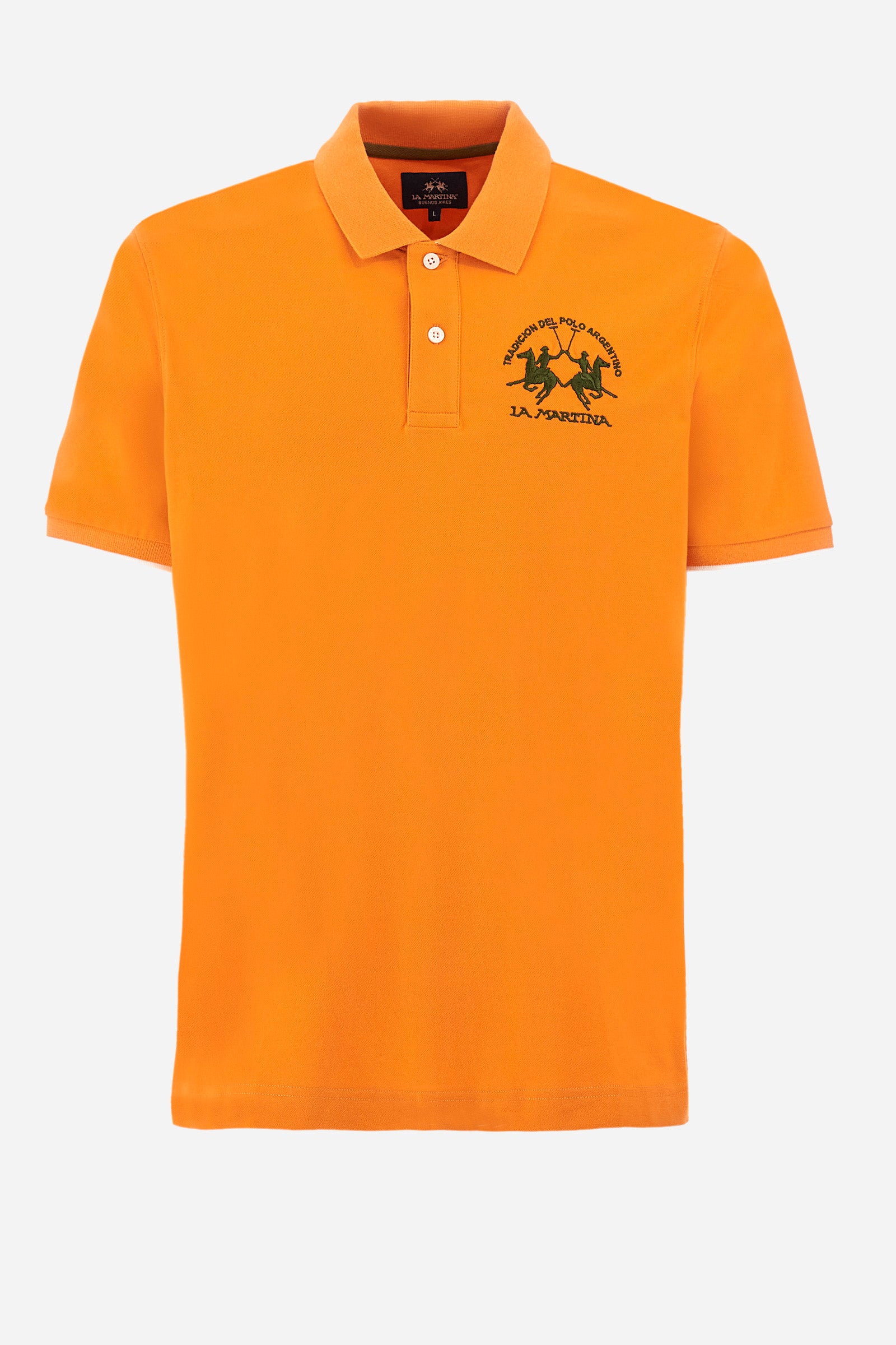 Men’s polo with short sleeves, regular fit. Made of stretch pique cotton. Classic model, with large embroidered logo in contrasting tone on the chest and profiled sleeve edges. The collar is accompanied by the writing La Martina, in contrasting tone. Ideal if worn with a denim collection. The model wears a size L. - Celosia Orange
