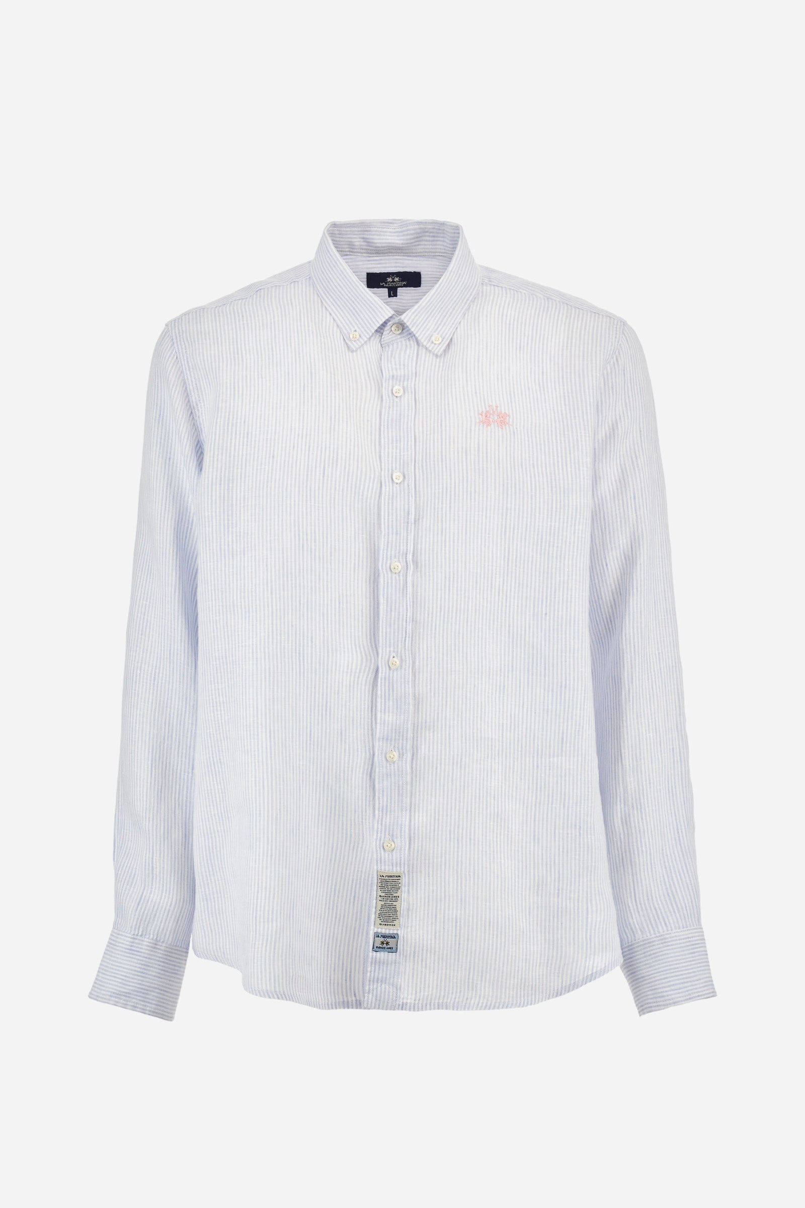 Men's long-sleeved striped shirt made of dual-tone 100% linen. Button-down collar. The logo is embroidered in a contrasting colour on the left side of the chest. Regular fit. The model is wearing a size L. - Optic White/BlueBell