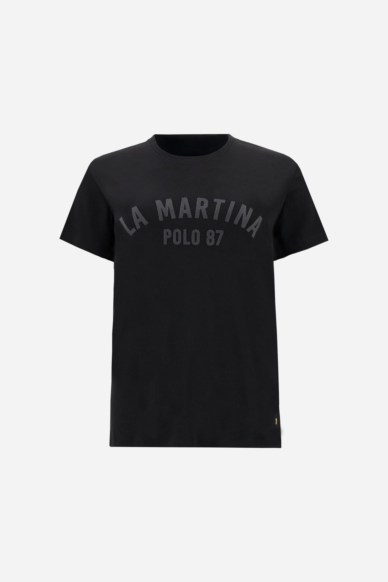 Women’s short-sleeve T-shirt in 100% cotton ribbed jersey. Crew neck model with contrast detail inside the neckline and maxi flock print of the brand logo on the chest in contrast colour. Slim fit. The model wears size 2. - Black