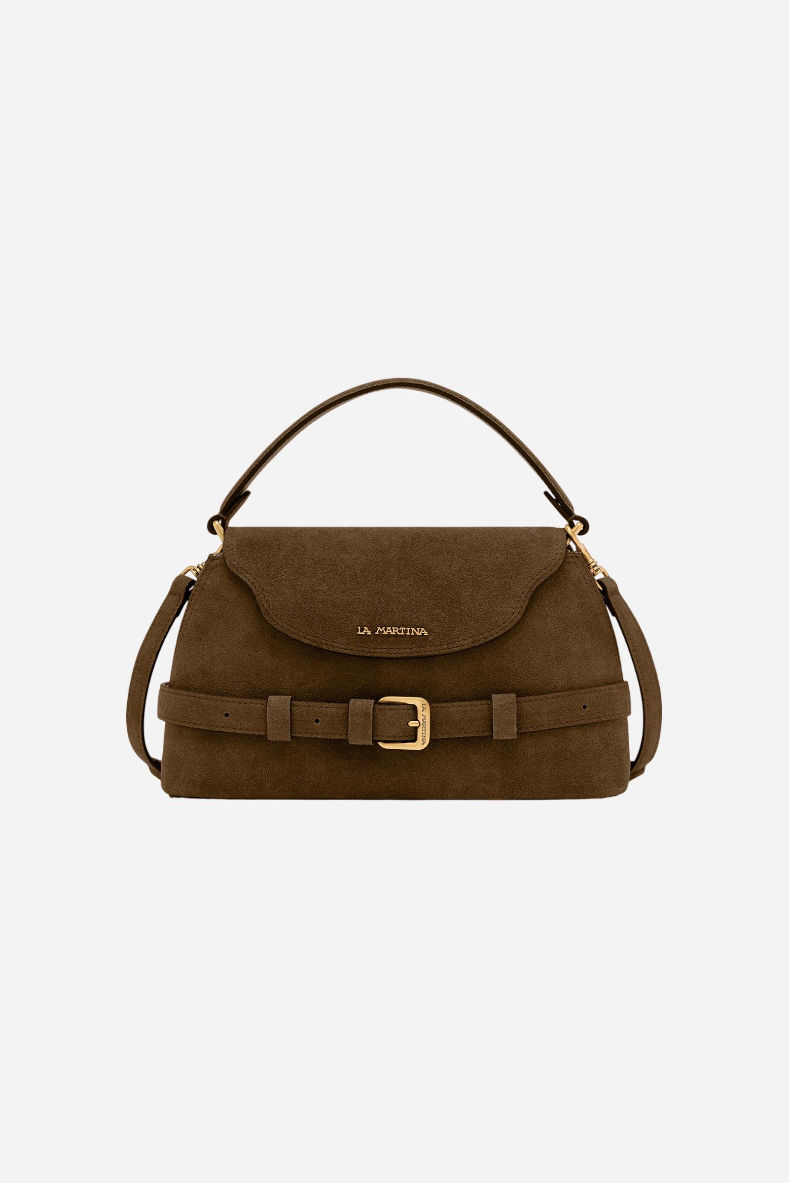 Soft suede tote bag with trapeze shape and flap closure for a sophisticated look. Features a rigid handle and removable shoulder strap. - DARK BROWN