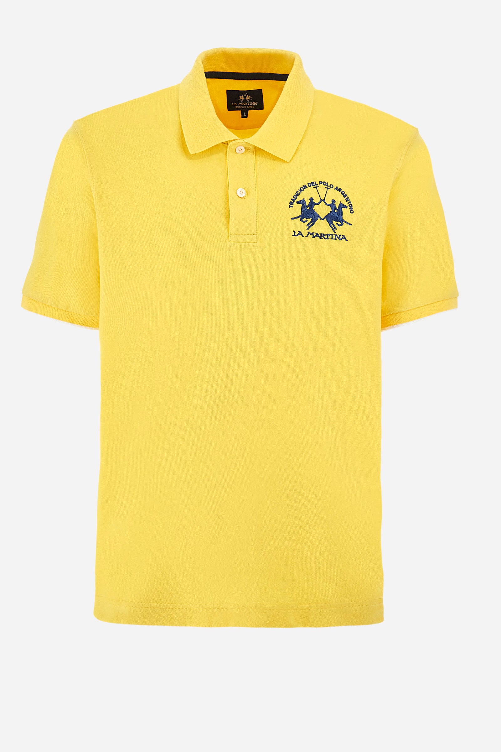 Men’s polo with short sleeves, regular fit. Made of stretch pique cotton. Classic model, with large embroidered logo in contrasting tone on the chest and profiled sleeve edges. The collar is accompanied by the writing La Martina, in contrasting tone. Ideal if worn with a denim collection. The model wears a size L. - Aspen Gold