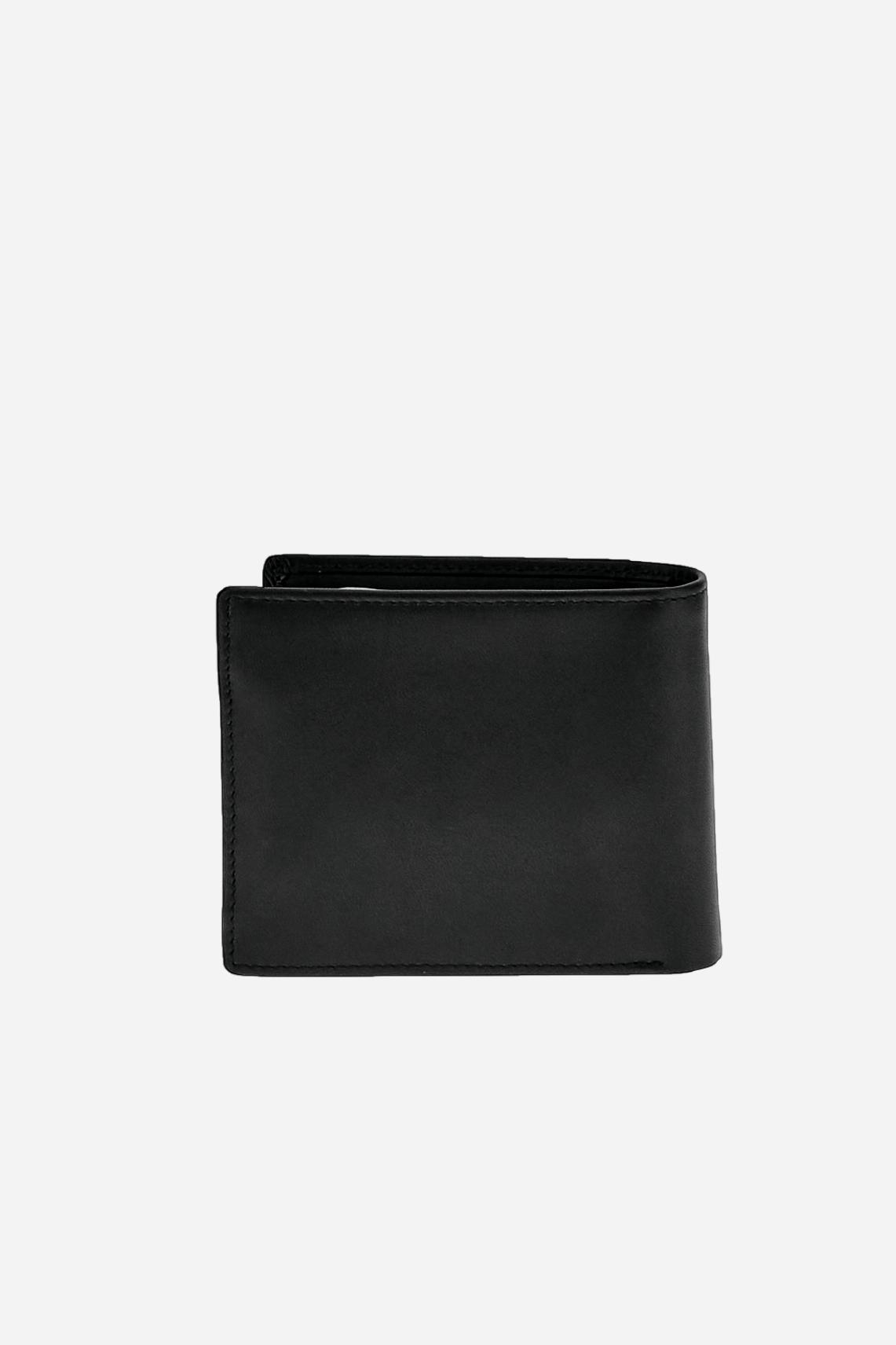 Men’s wallet in calfskin leather with coin pocket. Compact and practical, with metal logo on the front. - Black