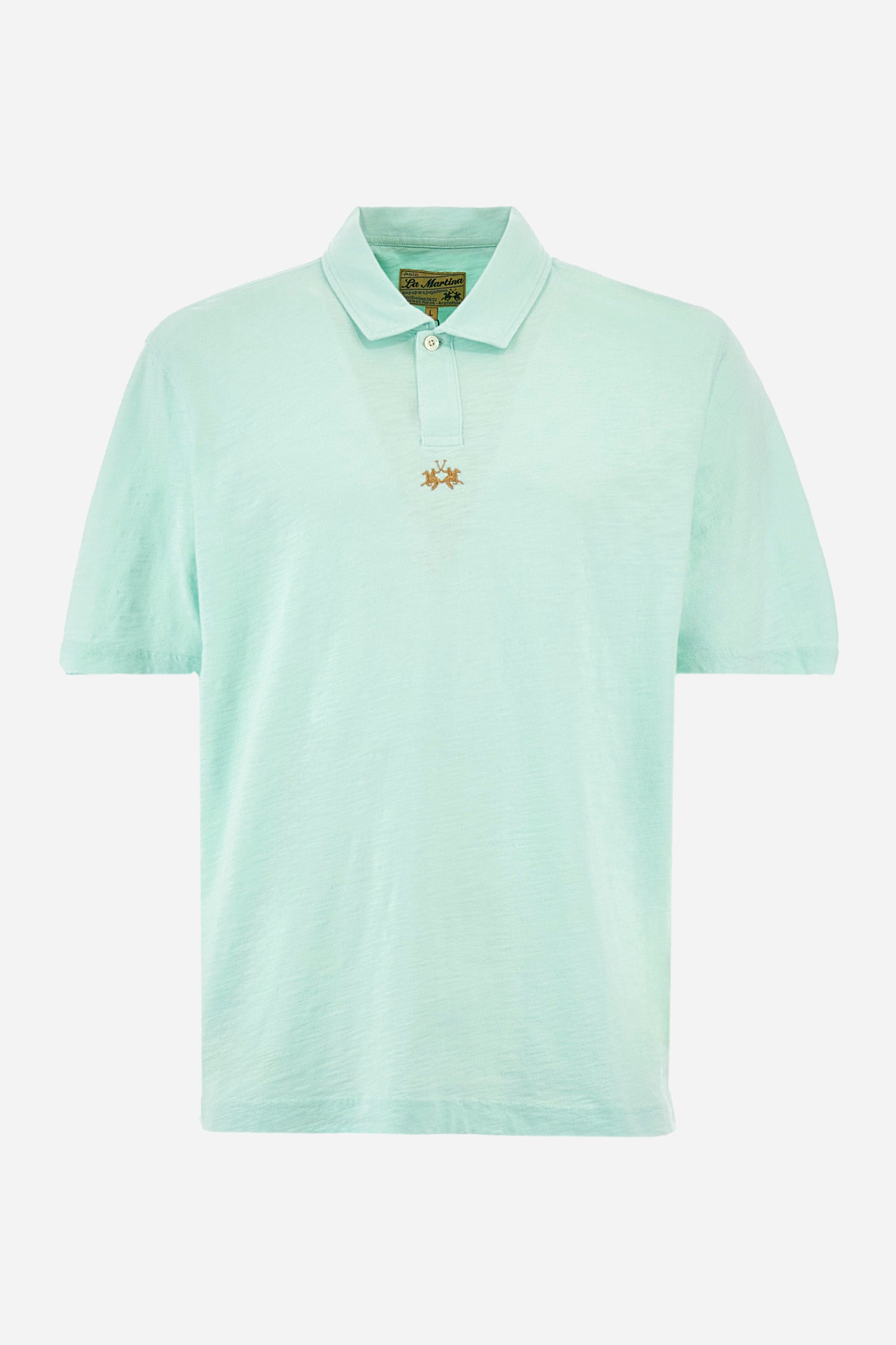 Men's single-colour short-sleeved polo shirt in 100% cotton. Fastens with a button. Tone-on-tone stitching. Pointed collar. Featuring a small embroidered logo on the front. The fit is regular. The model wears a size L. - Honeydew