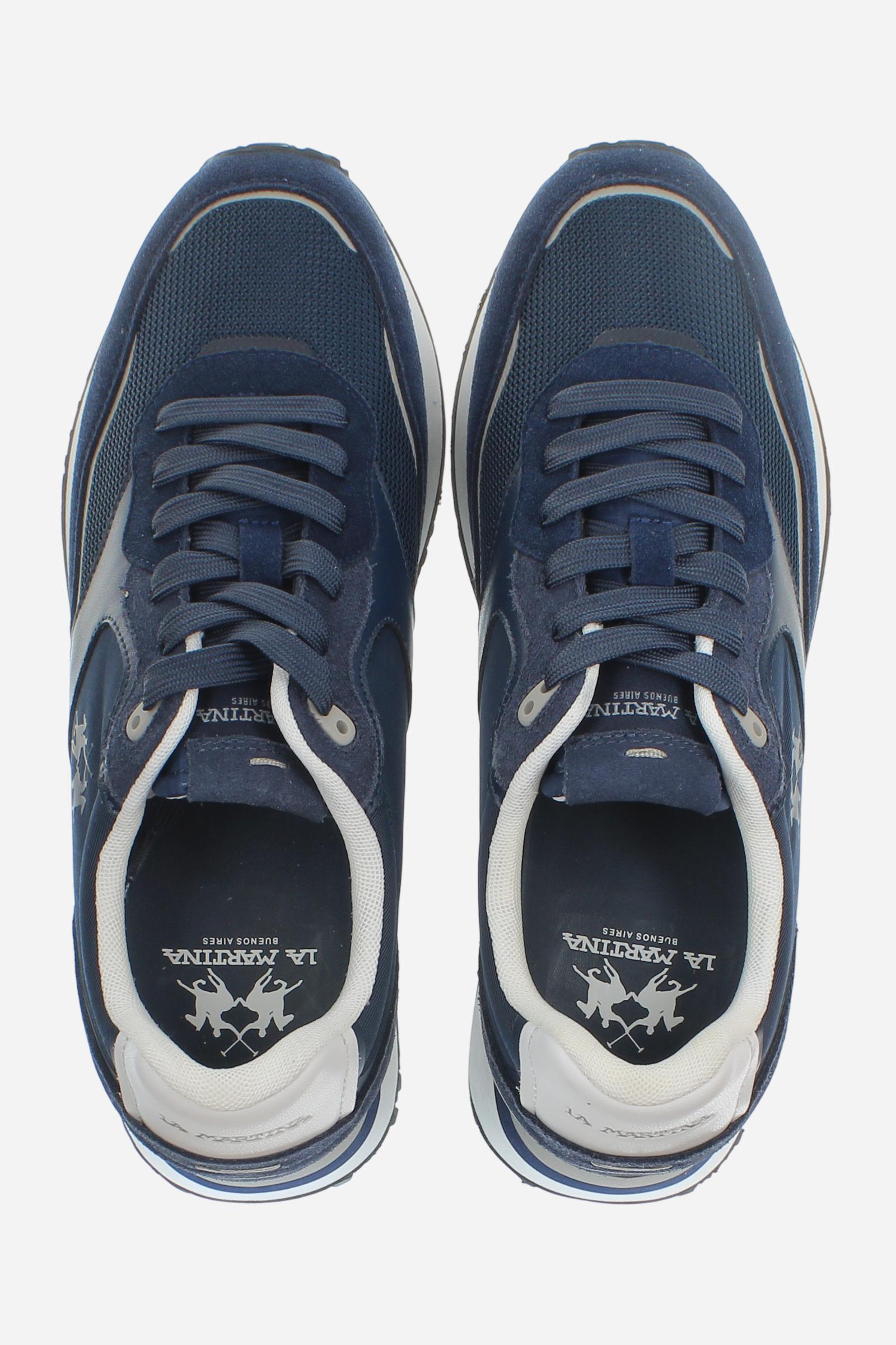 Men’s leather and fabric sneakers with two-tone anti-slip sole. Lightweight design with printed logos. - Blue/Blue