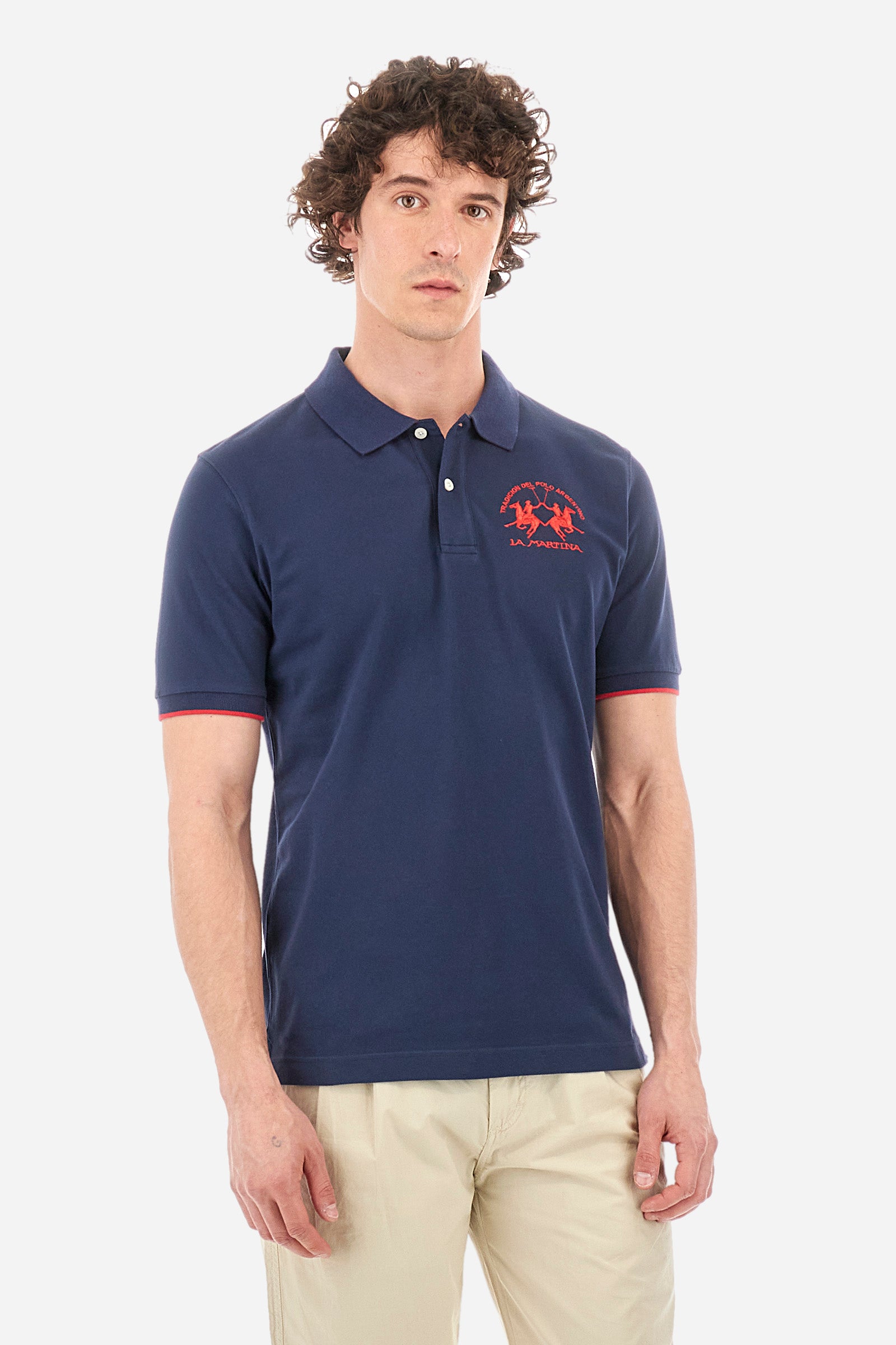 Men's short-sleeved, regular-fit polo shirt. A classic model with a contrasting La Martina logo-embellished chest and profiled sleeve trims. Perfect when worn with a pair of jeans from the collection. - Navy