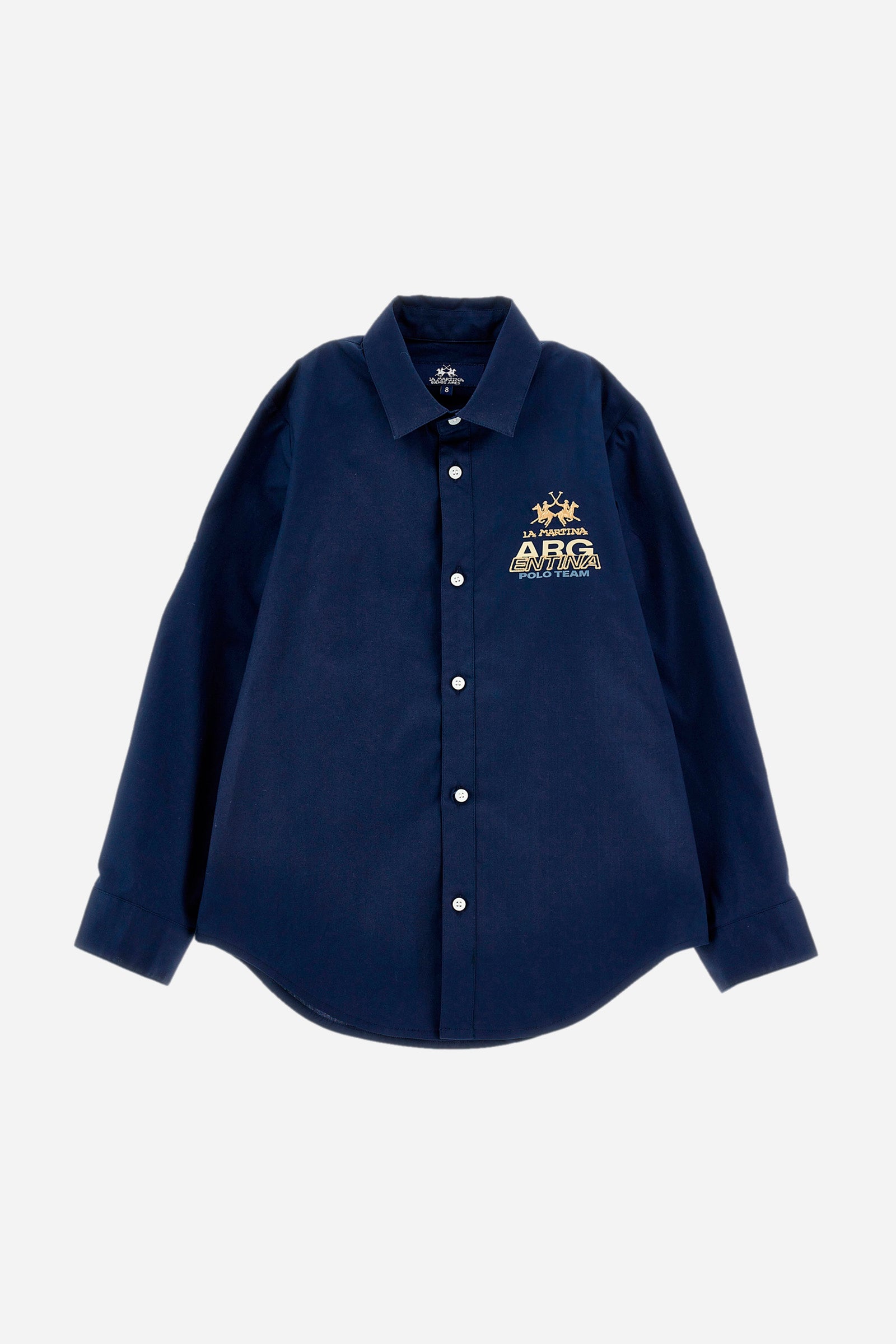 Single-colour boys' shirt made of cotton poplin. Pointed collar. Regular line. On the back there is a large rubberised print. The logo is on the chest, left side. - Navy