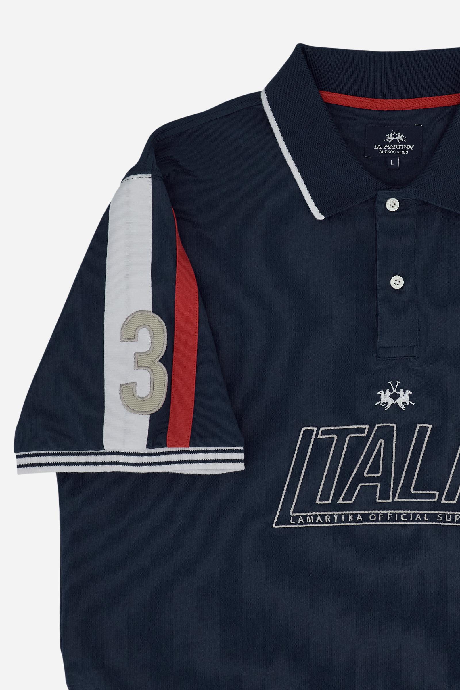 Men's short-sleeve polo in 100% cotton jersey featuring bold Italia graphics, contrast piping, and a contemporary fit. Perfect for a stylish, sporty look. - Navy