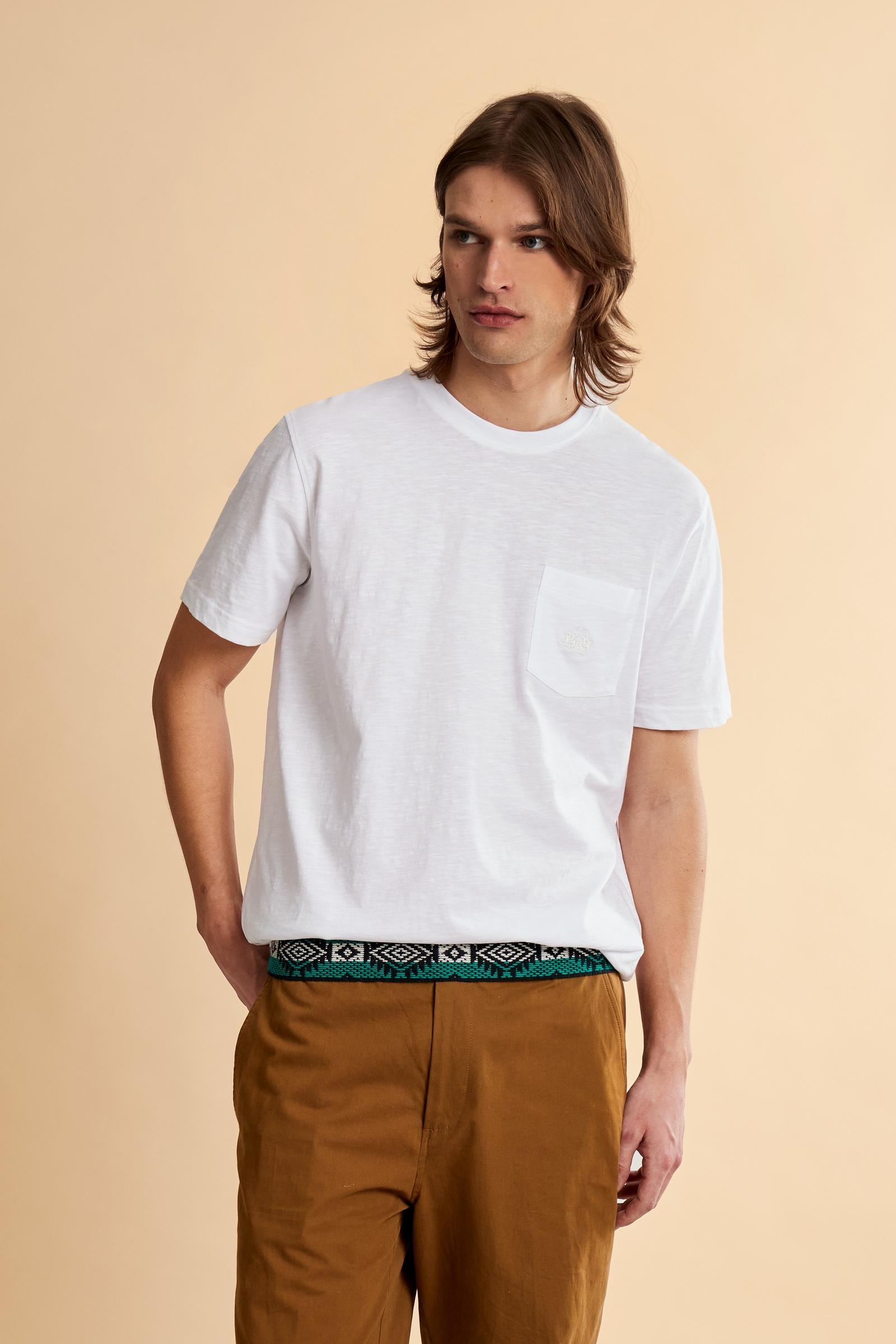 Men’s slub cotton jersey T-shirt with regular fit and chest pocket featuring embroidered logo. - Optic White