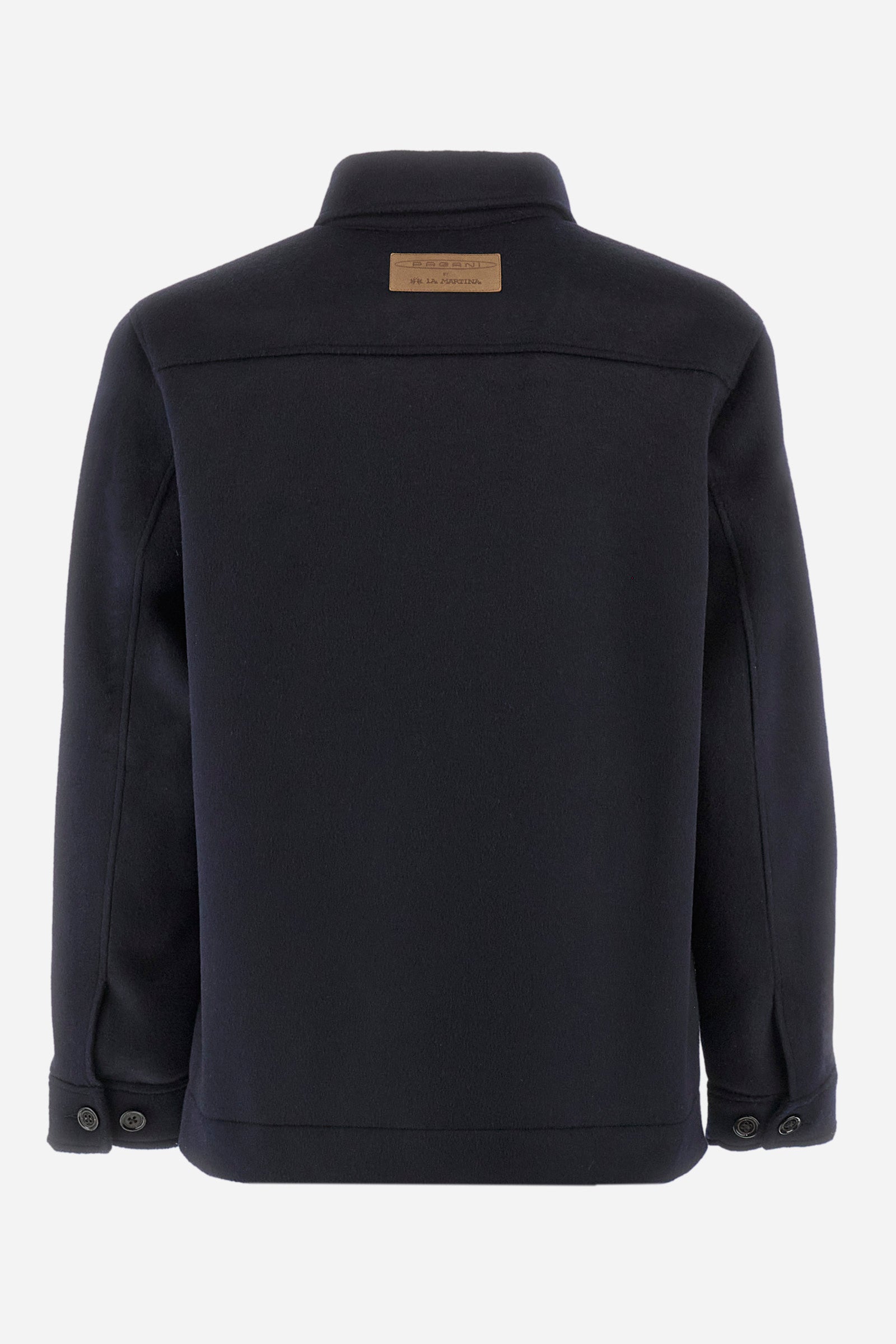 Men's single-colour Pagani jacket with suede effect and long sleeves. Made of wool and cashmere. Pointed collar and button fastening. There is an open pocket on the chest. La Martina lettering can be found on the patch on the back. Regular fit. The model is wearing a size L. - Navy
