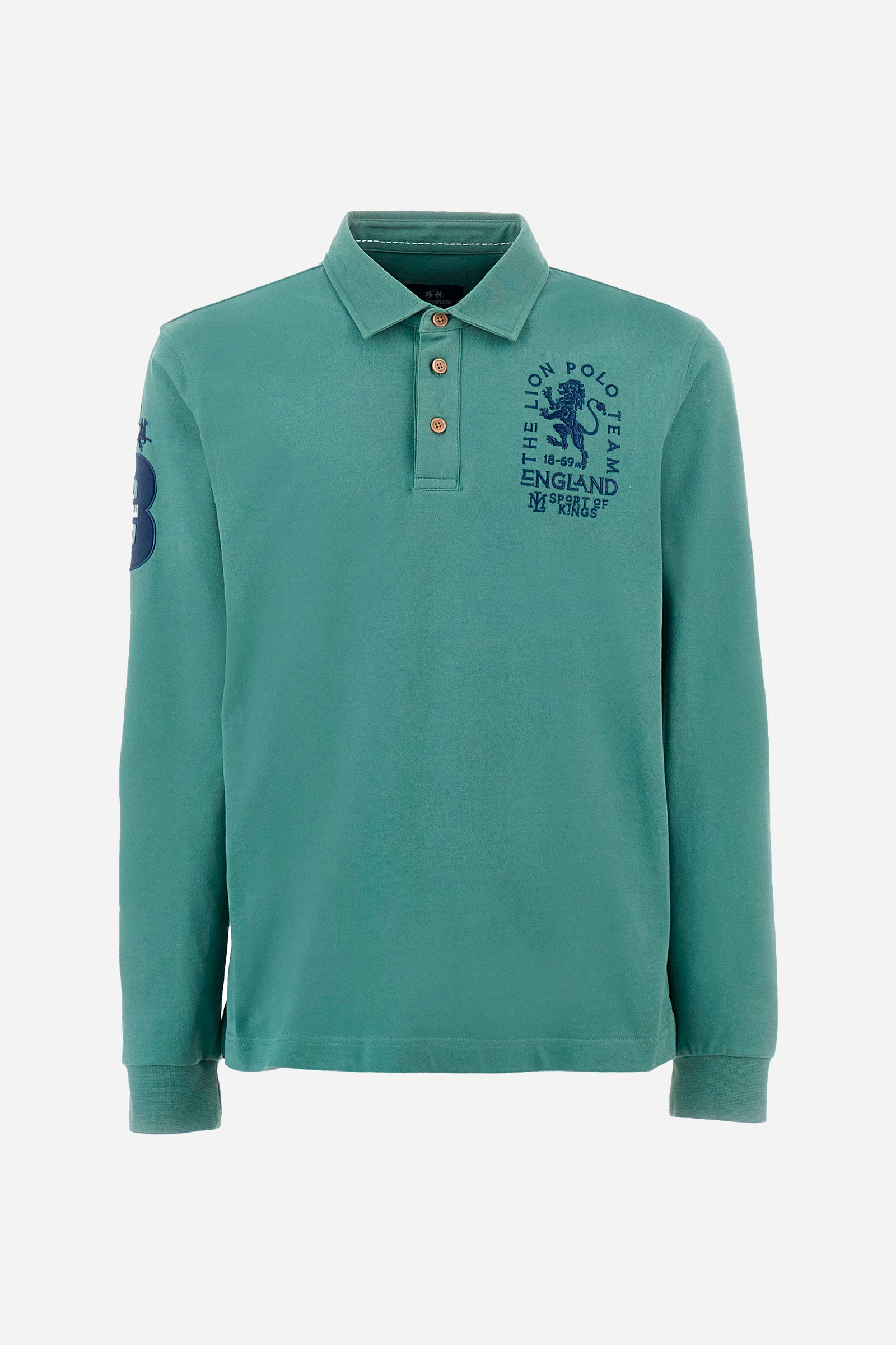 Men's plain short-sleeved polo shirt, made from 100% cotton. Three-button fastening. One of the sleeves features a patch depicting the number 3 and the brand logo. The front is finished with symbols and lettering associated with the England line. Regular fit. The model is wearing a size L. - Laurel Wreath