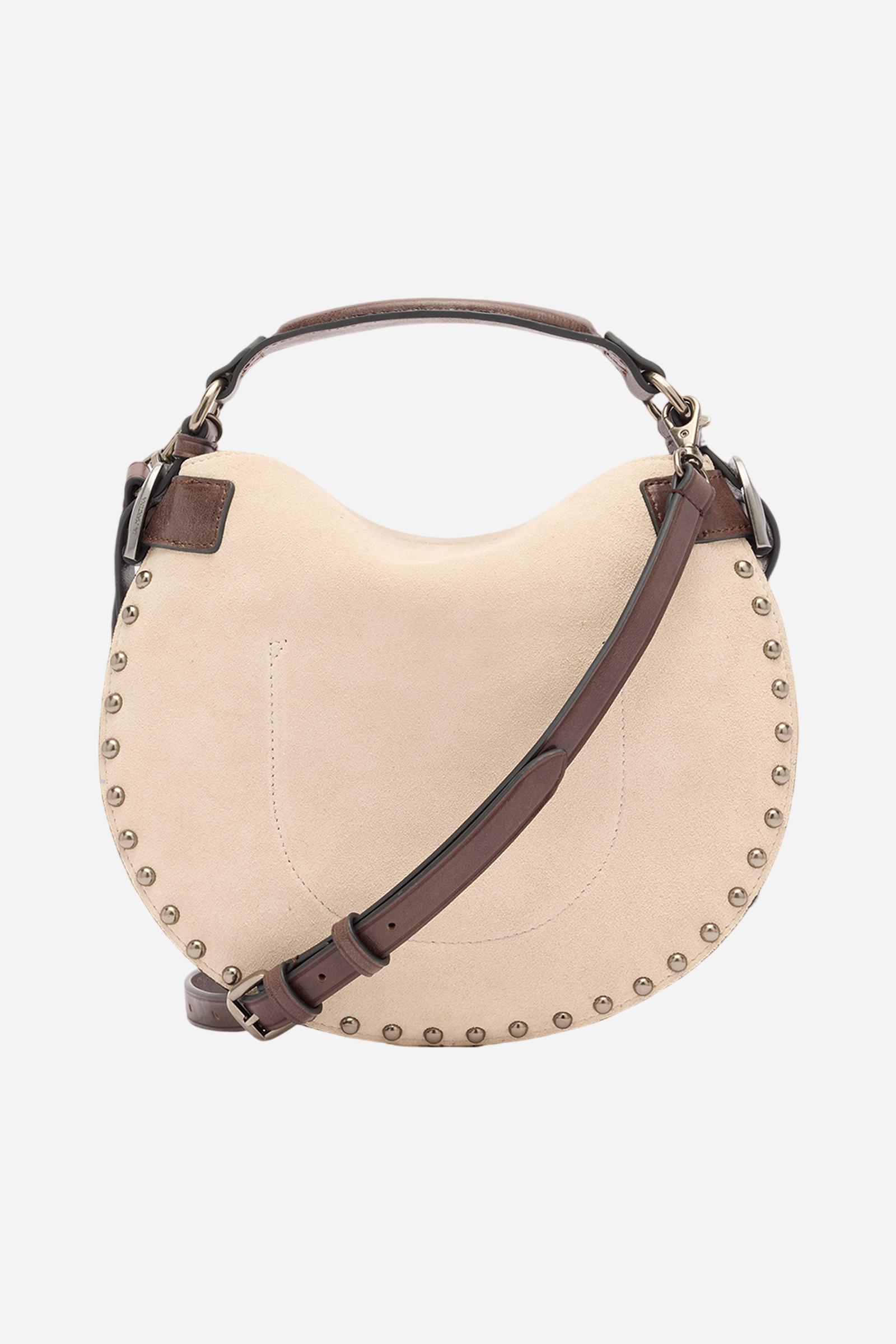 Medium-sized half-moon bag made of suede in a solid colour with side leather inserts and the brand’s signature metallic logo. Hidden magnetic closure, structured handle and contrasting leather shoulder strap. Front decorated with metallic studs of different sizes creating a refined play of light and volume. - SILK/DARK CHOCOLATE