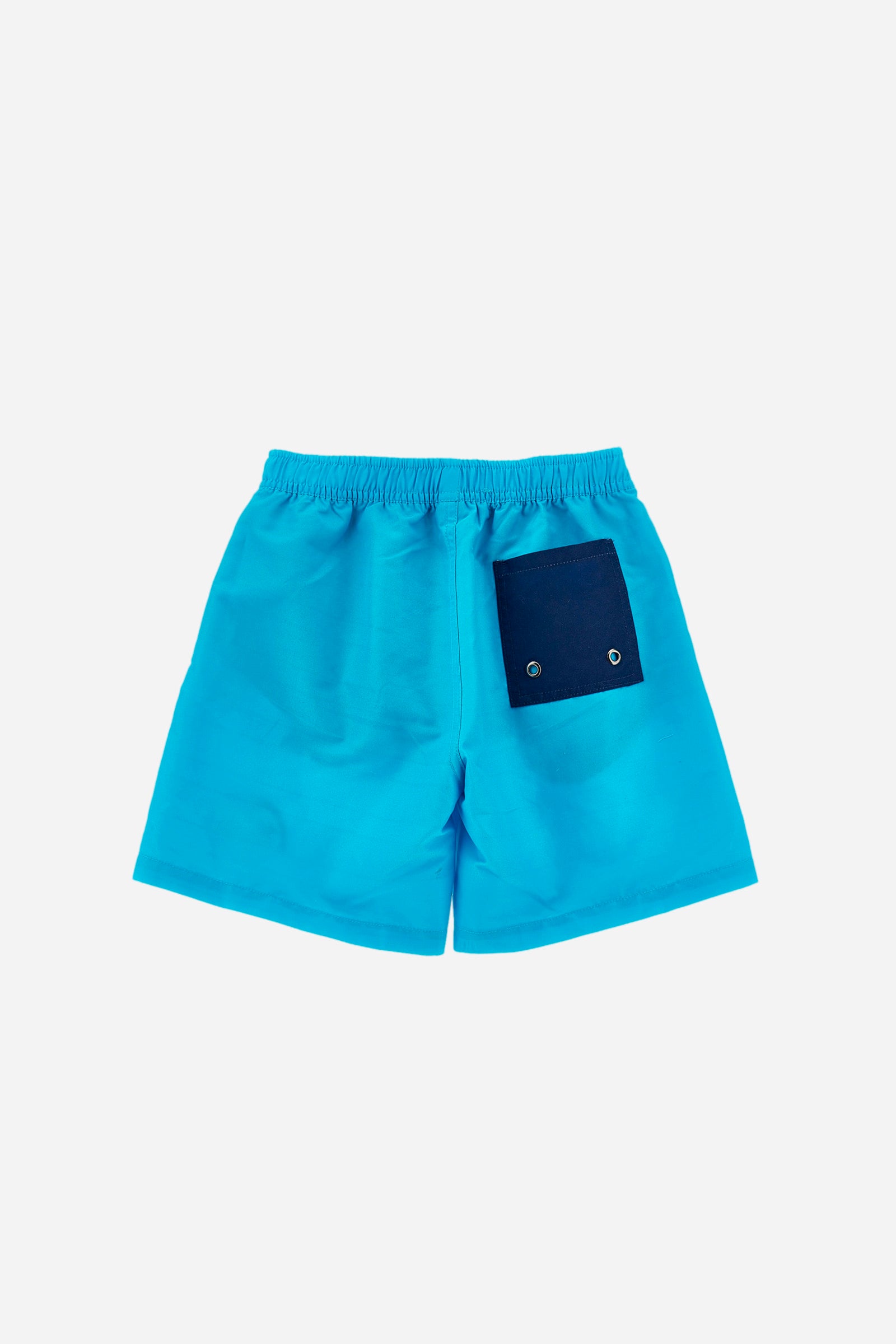 Boys' single-colour costume in synthetic fabric with elasticated waist, front slanted pockets, a contrasting back pocket, and embroidered logo. - Blue Atoll