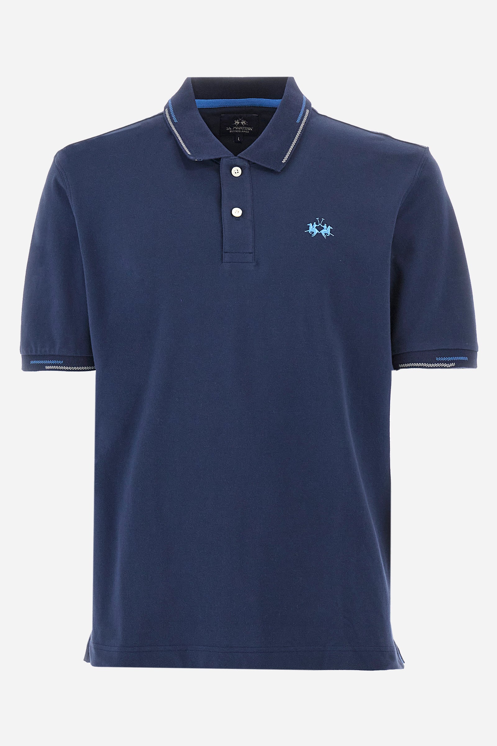 Men's single-colour short-sleeved polo in elasticated cotton. Two-button fastening. Ribbed collar and armholes with a stripe in different shades. Featuring a small logo embroidered on the chest. The fit is regular. The model wears a size L. - Navy