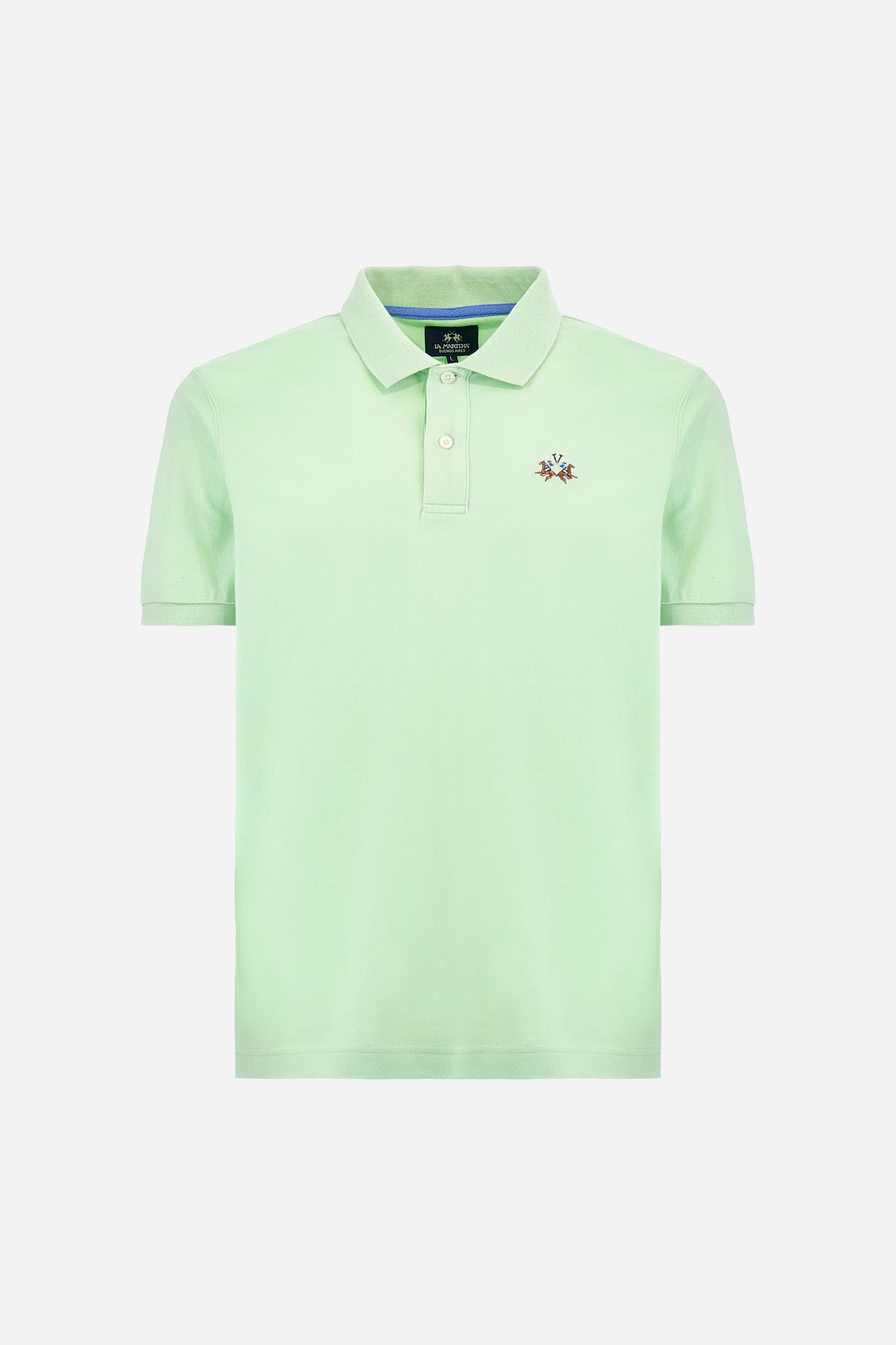 Men's plain short-sleeved polo shirt made from stretch piqué. Two-button fastening. The collar and cuffs are made from tone-on-tone ribbed fabric. Under the collar, there is a contrasting fabric panel with embroidered multicoloured lettering. The logo is embroidered on the left side of the chest in contrasting thread. Slim fit. The model is wearing a size L. - Pastel Green