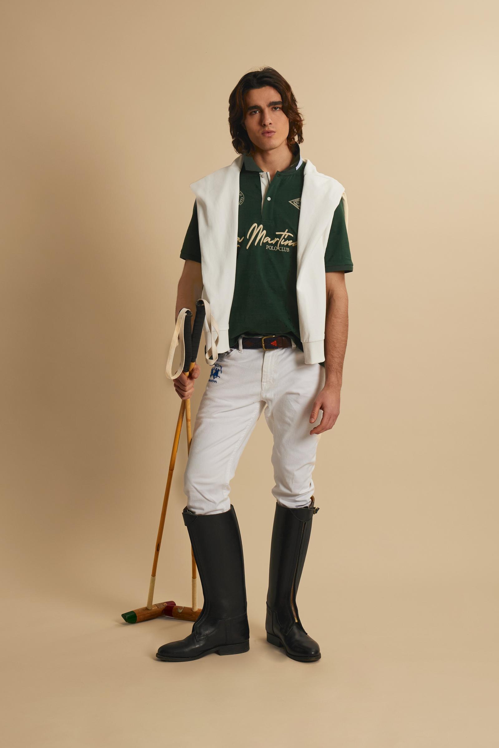 Short-sleeve polo in heavy cotton jersey with contrast details under the collar and placket. “La Martina Polo Club” embroidery on the chest with “Academy Polo Club” crest and additional embroidered detail. Soft contemporary fit. - Pineneedle