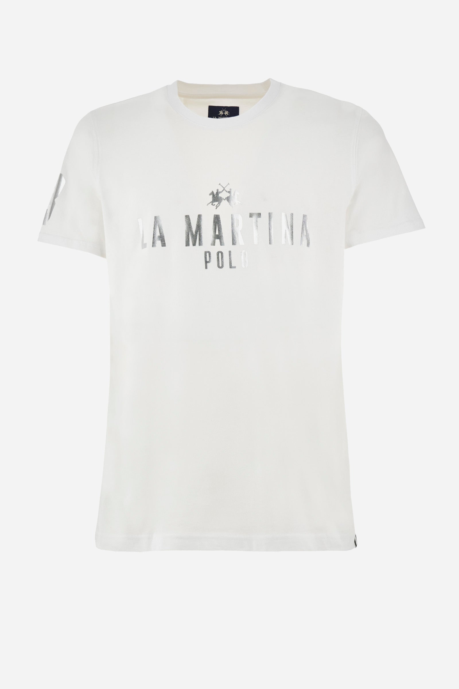 Men's short-sleeved T-shirt with a crew neck in a single colour. Made of 100% cotton. The front features a printed logo and the lettering "La Martina Polo". The number 3 is printed on one of the sleeves. Regular fit. The model wears a size L. - Optic White