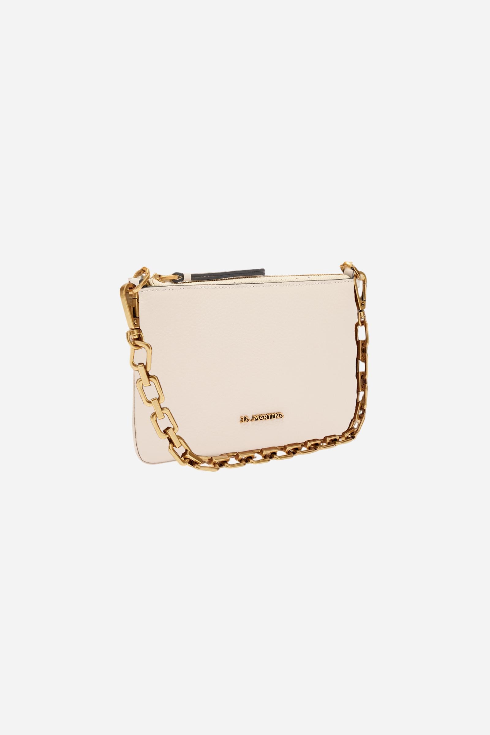 Small flat pouch made of soft, solid-colour full-grain leather. Zip fastening with leather pull tab. The removable strap combines a gold metal chain with pendants and a technical cord inspired by outdoor style, creating a dynamic and contemporary look. Gold-tone logo plaque on the lower front. Dimensions:21 x 13 x 1 - SILK