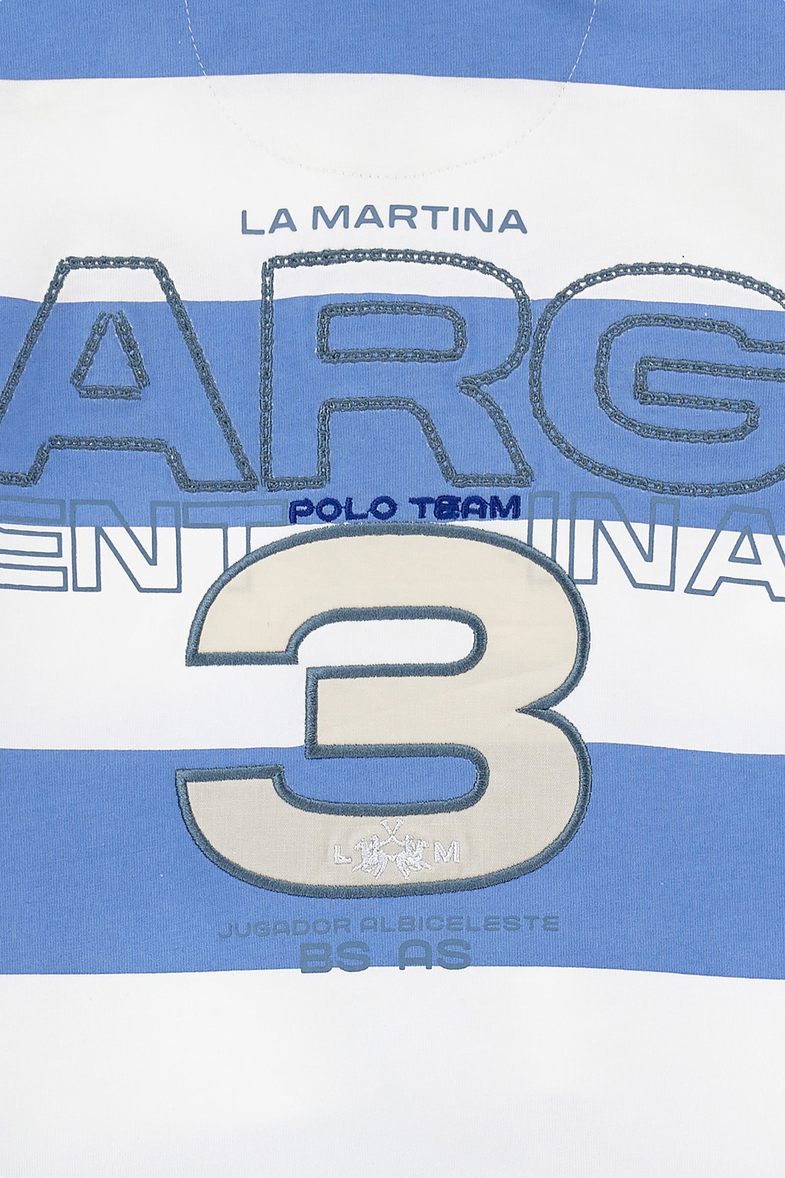 Boys' striped polo shirt, made of cotton jersey. Two-button fastening. There are various embroideries on the front. The logo is present on the chest. - OffWhite+SkyWay