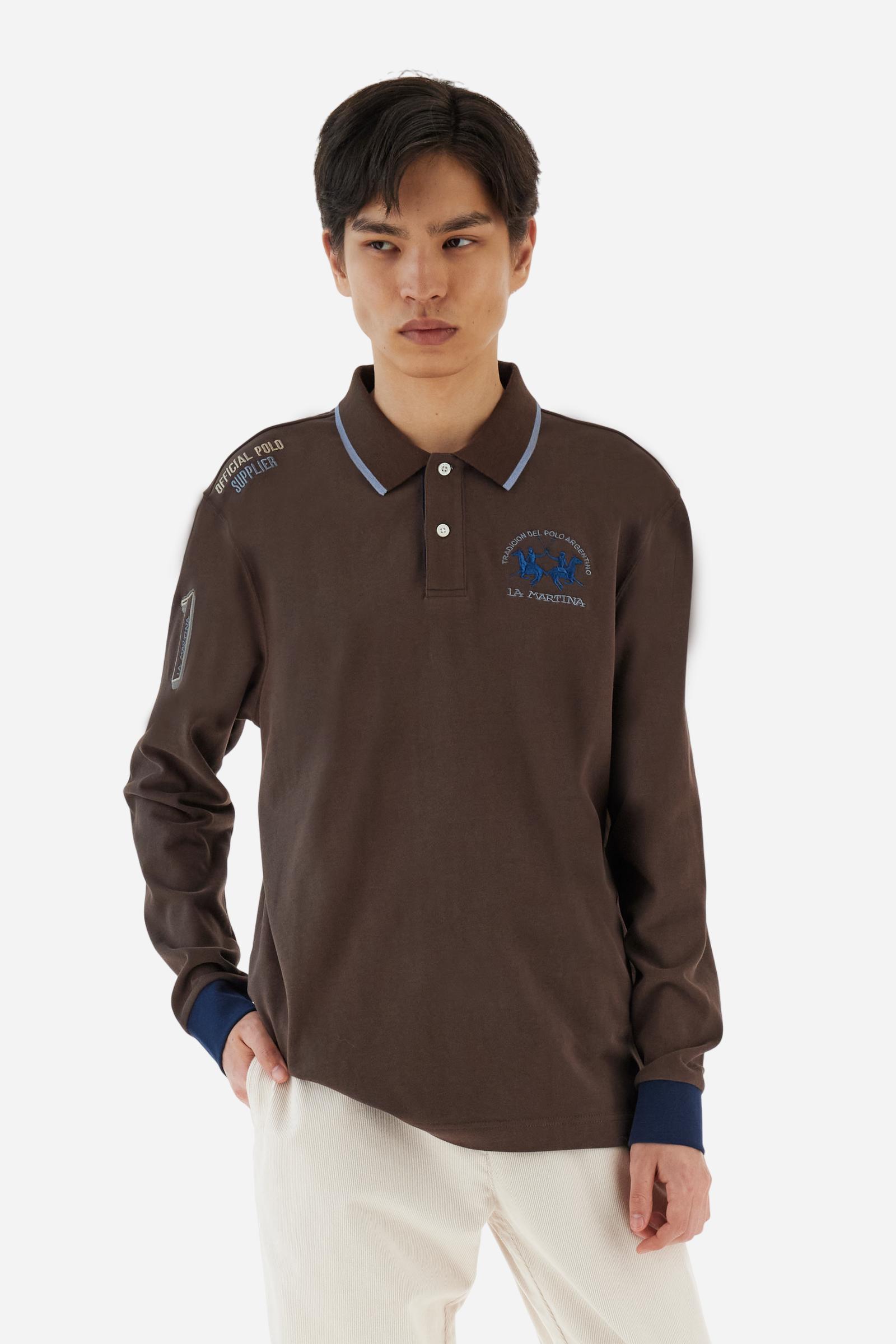 Men’s long-sleeve polo shirt in solid-colour cotton jersey with a warm, matte handfeel. Ribbed collar and cuffs with stripes and colour blocks in contrast, two personalised buttons and contrast details inside the collar. Patches and graphics on sleeves and chest celebrate the Official Polo Supplier team. The large multicolour logo is embroidered on the chest. Regular fit. The model wears size L. - Java