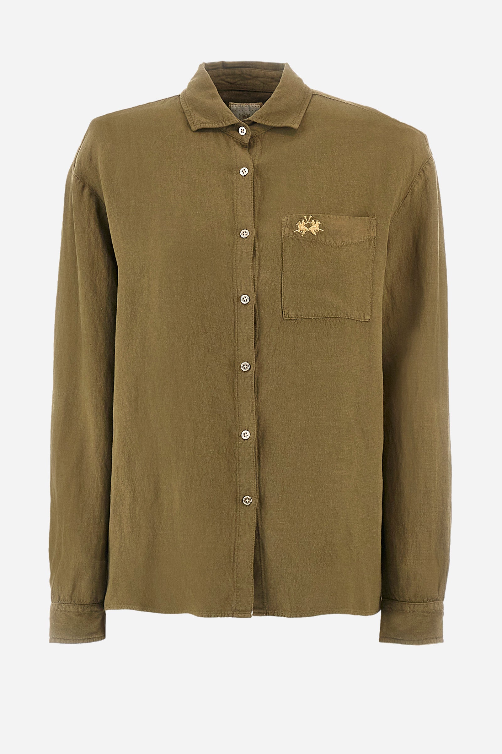 Long-sleeved women's shirt in a linen blend. French collar. With buttoned cuffs. Featuring darts on the back. Featuring a small embroidered logo on the front. The fit is regular. The model wears a size 2. - Military Olive