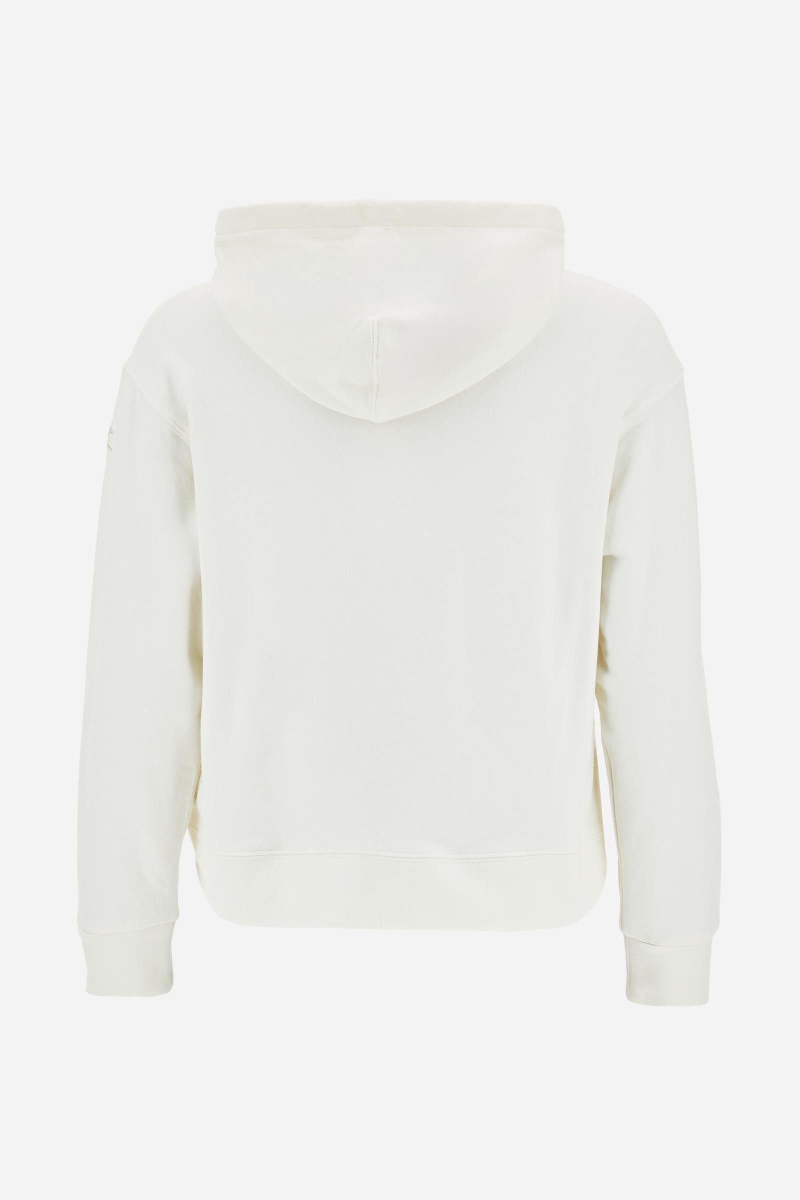 Women’s hoodie with long sleeves in 100% cotton french terry, solid colour with a velvety and warm touch. The hood is lined in tone-on-tone jersey and finished with a velvet drawstring. The chest graphic recalls the refined aesthetics of the Royal Polo theme, while the small brand logo is tone-on-tone embroidered on the sleeve. The model wears size L. - Off White