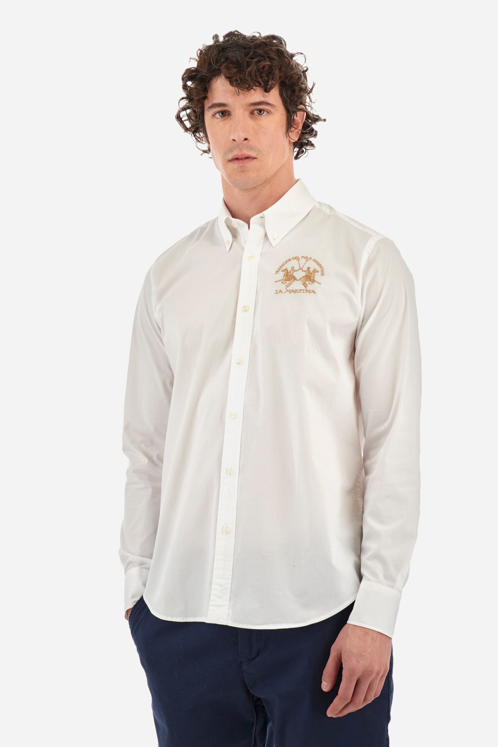 Men's long-sleeved, regular-fit button-down collar shirt. Classic cut. Contrasting La Martina logo embroidered on the chest. Perfect for wearing with a pair of jeans from the collection or elegant trousers. - Optic White