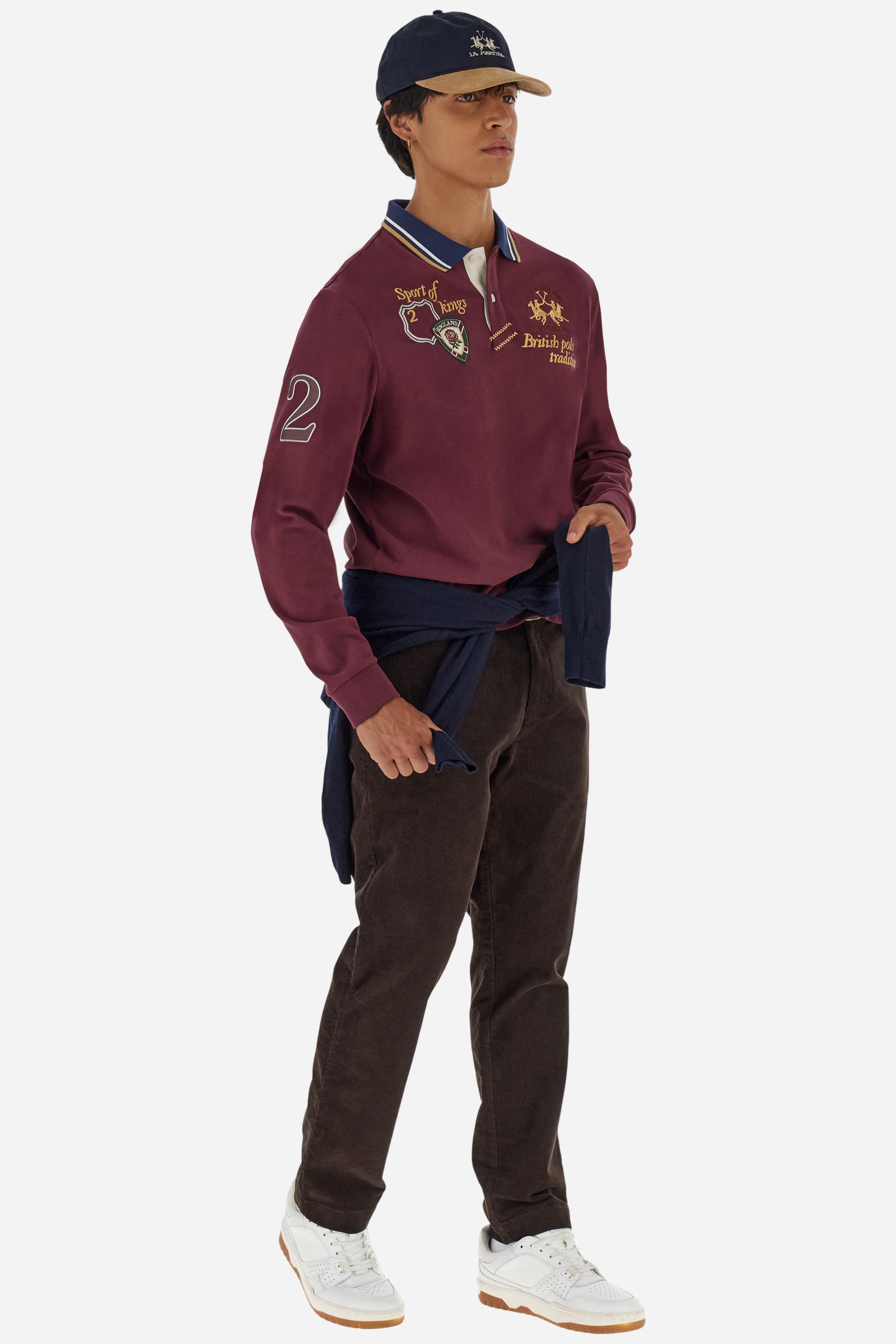 Men’s long‑sleeve polo in soft‑touch cotton jersey. Contrast collar details and multicolour graphics on chest and sleeves, Sport of Kings mood. - Port Royale