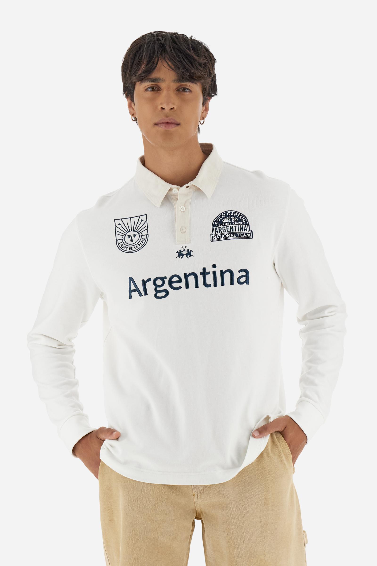 Long-sleeve polo shirt in soft, warm cotton jersey for all-day comfort. The contrasting gabardine collar adds a sophisticated touch to the clean design, while the ribbed cuffs in matching tone complete the look. On the chest, oversized colorful graphics celebrate Italy, Argentina, and England. A small embroidered logo in contrast sits below the placket. Regular fit for a relaxed silhouette that suits every body type. Model wears size L. - Off White