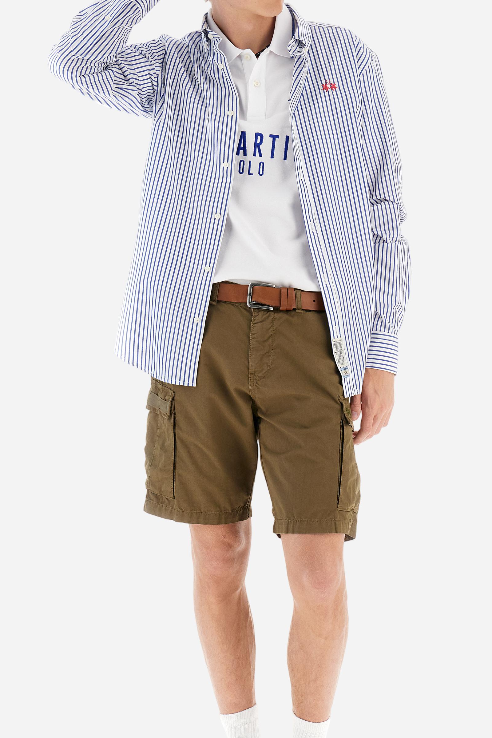 Men's two-tone striped long-sleeved shirt made from cotton poplin. Featuring a button-down collar and woven labels at the bottom of the opening. The logo is embroidered on the chest, over the heart, in contrasting thread. Regular fit. The model is wearing a size L. - Optic White/Limoges