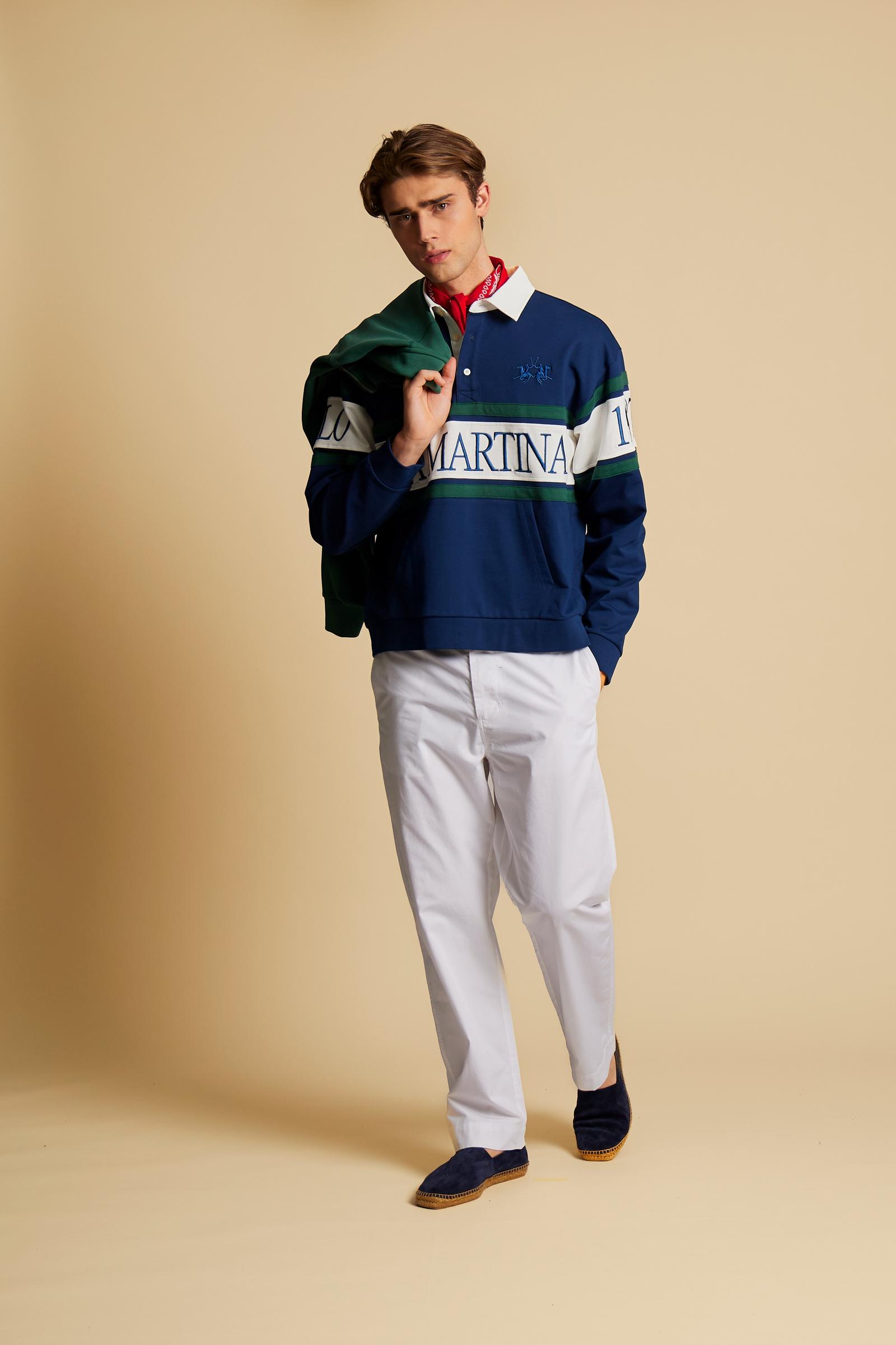 Men’s French Terry sweatshirt in cotton with loose fit and contrast details on collar, chest and sleeves. - Navy