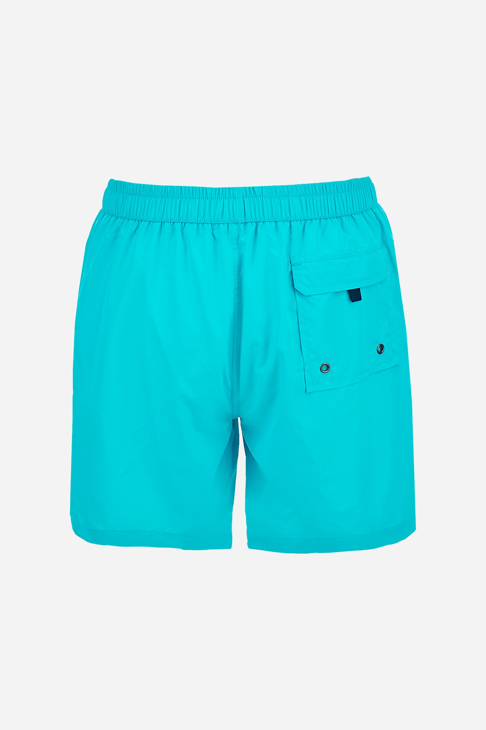 Plain men's swimming shorts made of nylon. Elastic waistband with a personalised drawstring for waist adjustment. On the inside of the shorts is an elasticated mesh brief. Double side pocket on the hips and patch pocket with flap on the back, on the right side only. The large logo is embroidered in a contrasting colour thread on the bottom of the left leg on the front. Regular fit. The model is wearing a size L. - Blue Atoll