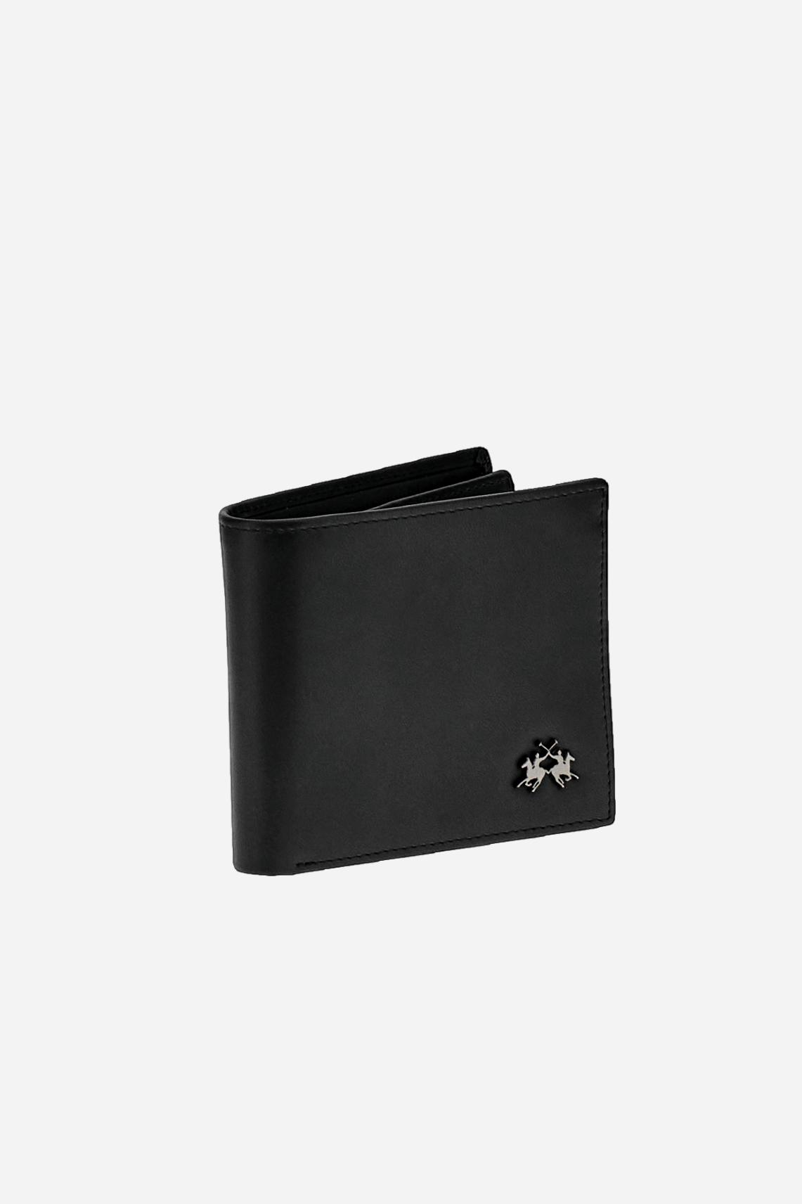 Men’s wallet in calfskin leather with coin pocket. Compact and practical, with metal logo on the front. - Black