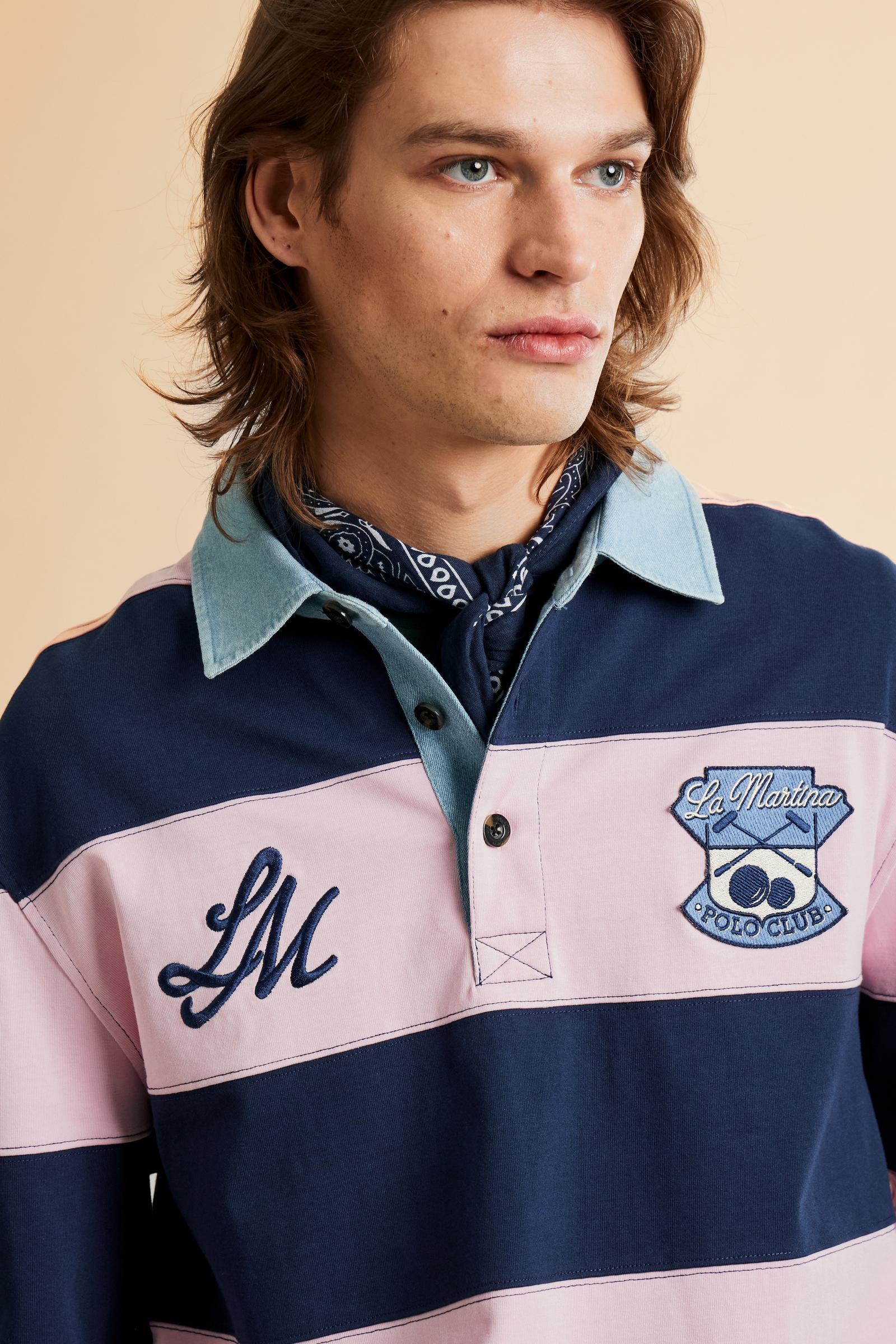 Men’s rugby polo in heavy cotton jersey with bold two-tone stripes. Preppy-inspired patches and embroidery. - Fairtale/Navy