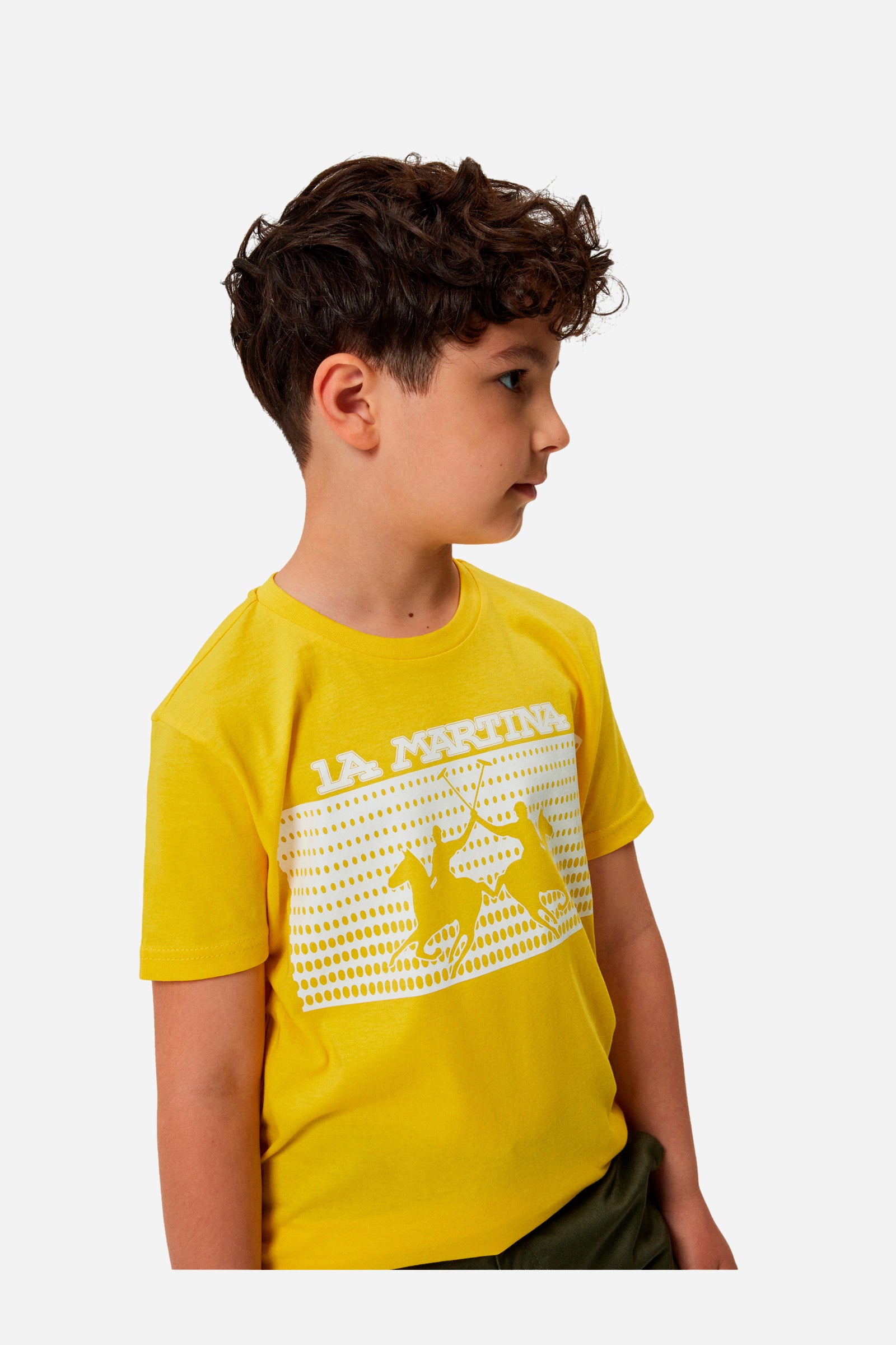 Boys' jersey cotton T-shirt in a single colour. Crew neck. Featuring rubberised design on the central part of the garment. Inside this design is the logo. - AURORA