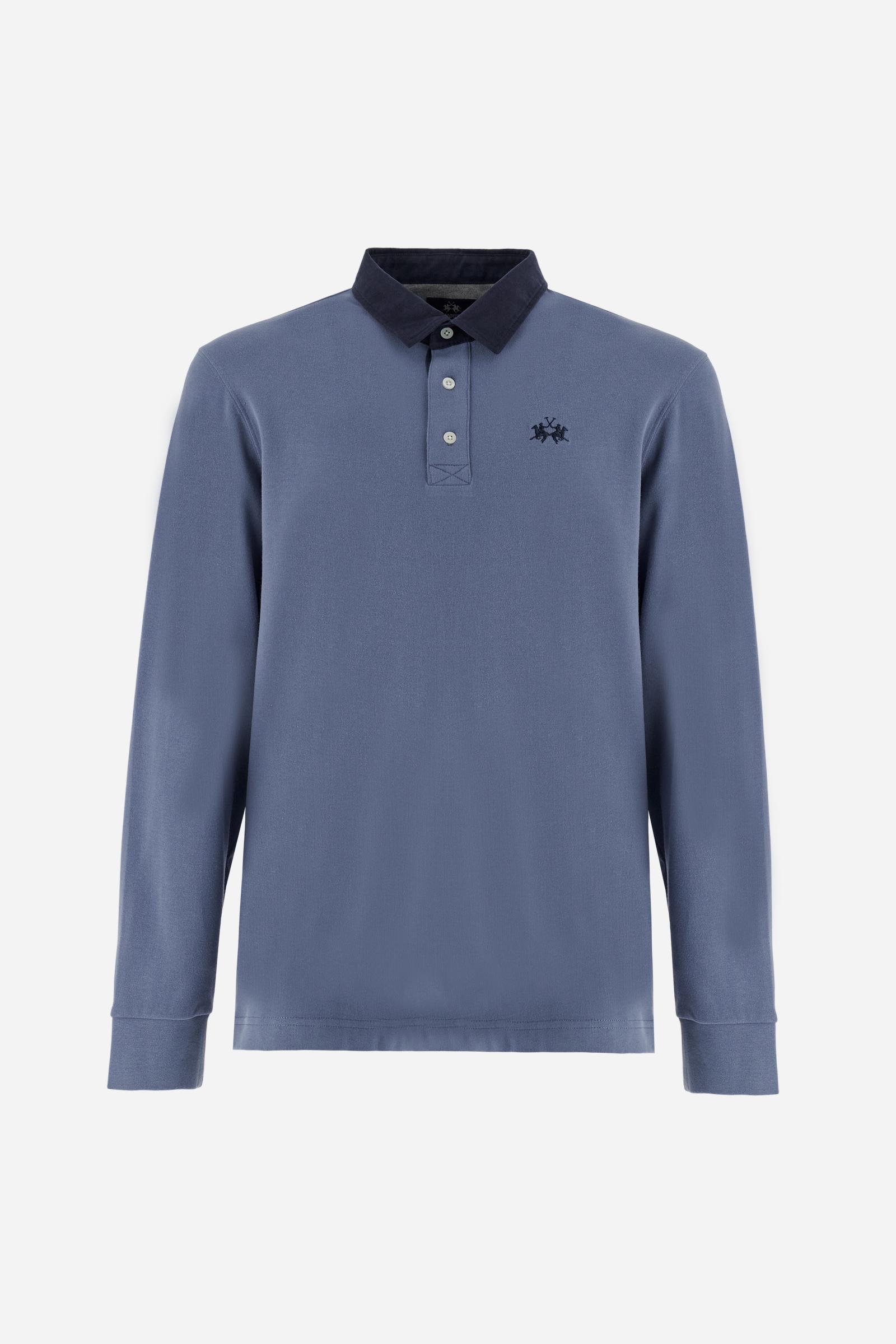 Classic men’s long-sleeve polo in soft-touch 100% cotton jersey. Contrast gabardine collar, three-button placket with multicolor striped tape. Iconic La Martina lettering printed in contrast under the collar. Small contrast logo embroidered on the chest. Regular fit for a balanced silhouette. Model wears size L. - Flint Stone