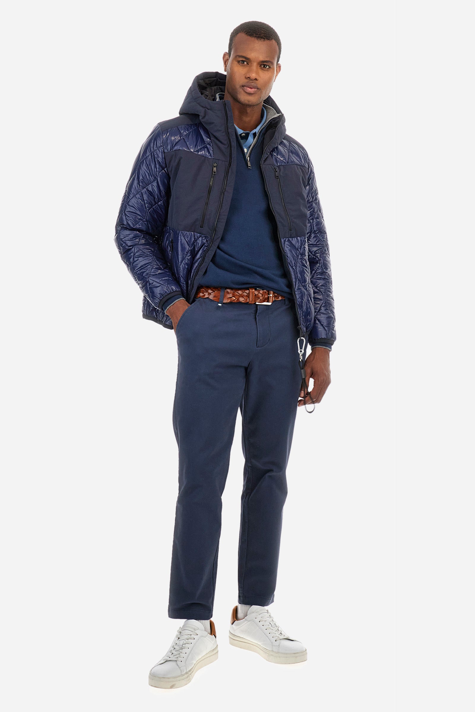 Men's plain mock polo neck pullover with long sleeves. Trimmed collar with a half zip, made from ribbed fabric to match the cuffs and hem. Made from a blend of cotton and wool. Featuring a small embroidered logo on the front. Regular fit. The model is wearing a size L. - Navy