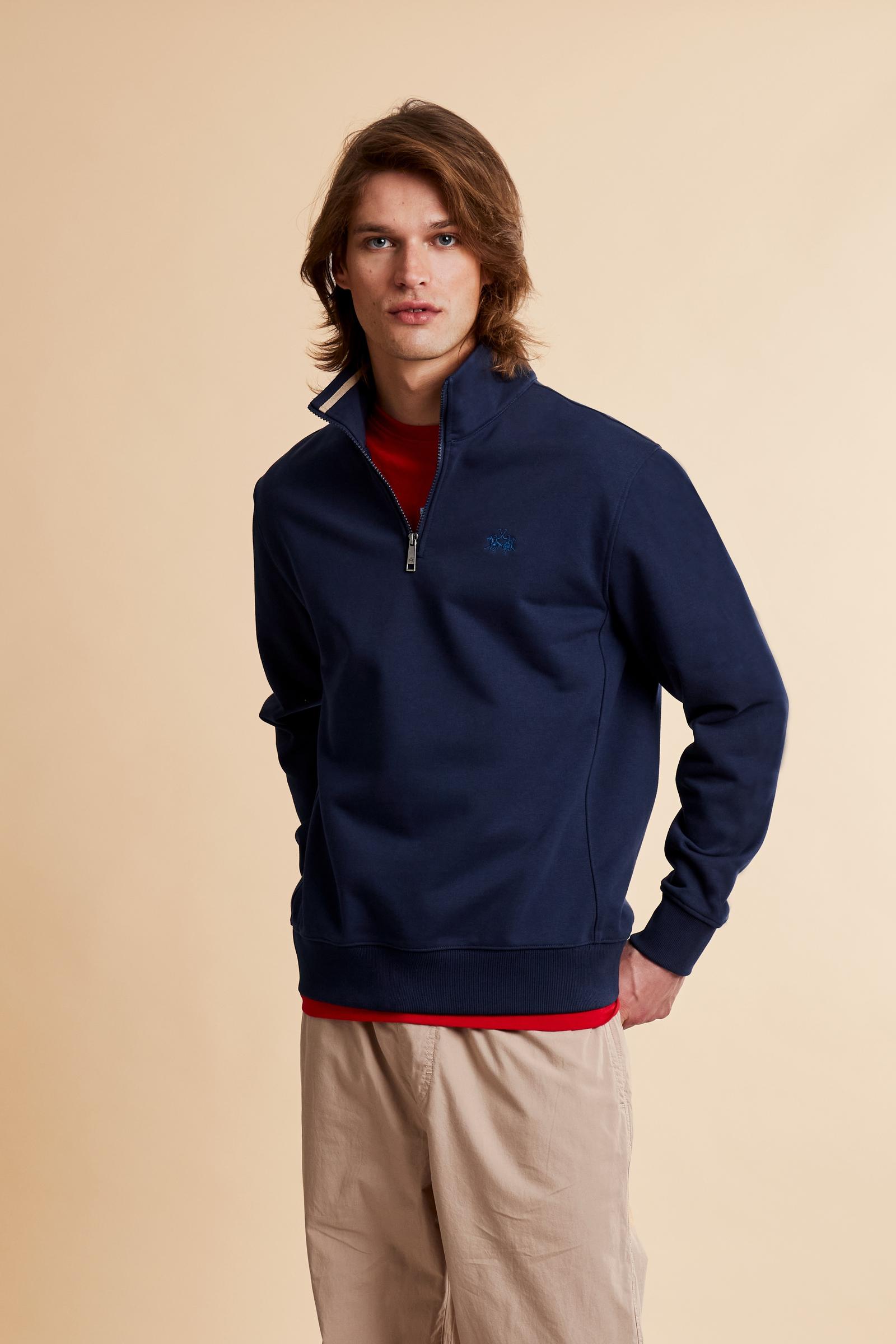 Men’s French Terry sweatshirt with half zip at the neck, regular fit, ribbed details and embroidered logo on the chest. - Navy