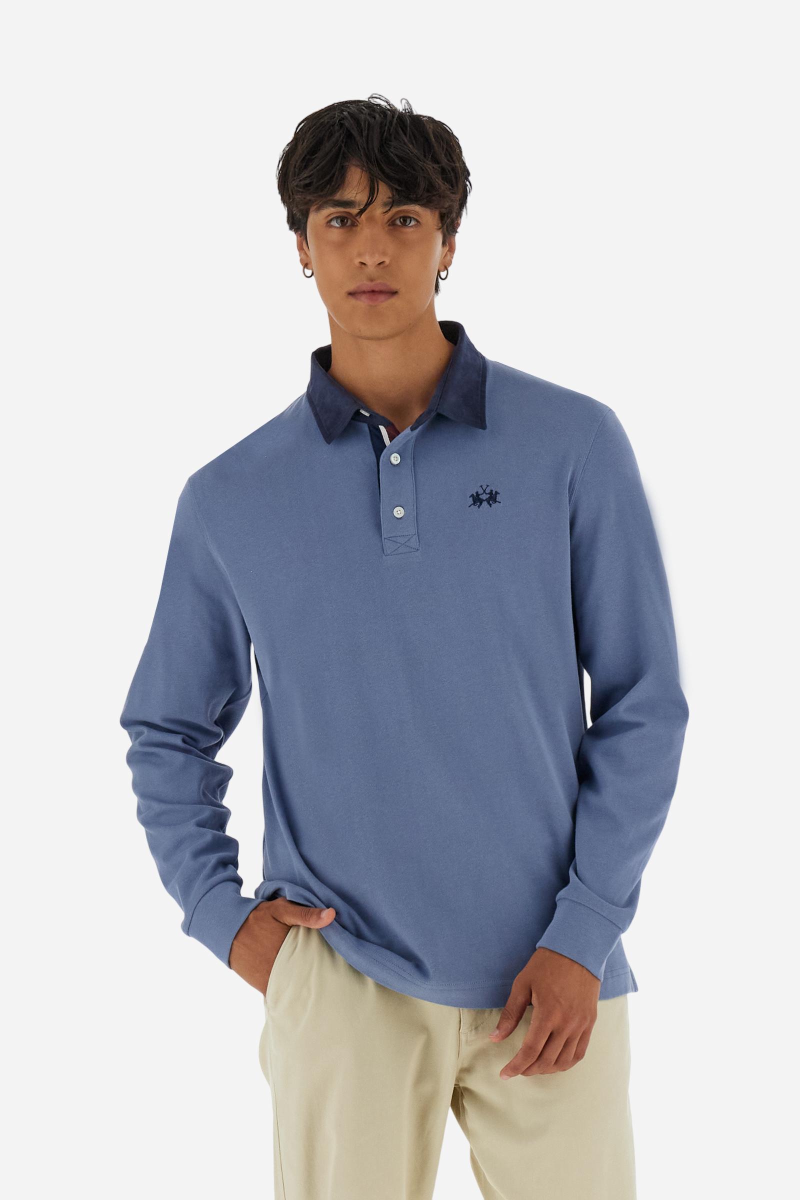 Classic men’s long-sleeve polo in soft-touch 100% cotton jersey. Contrast gabardine collar, three-button placket with multicolor striped tape. Iconic La Martina lettering printed in contrast under the collar. Small contrast logo embroidered on the chest. Regular fit for a balanced silhouette. Model wears size L. - Flint Stone