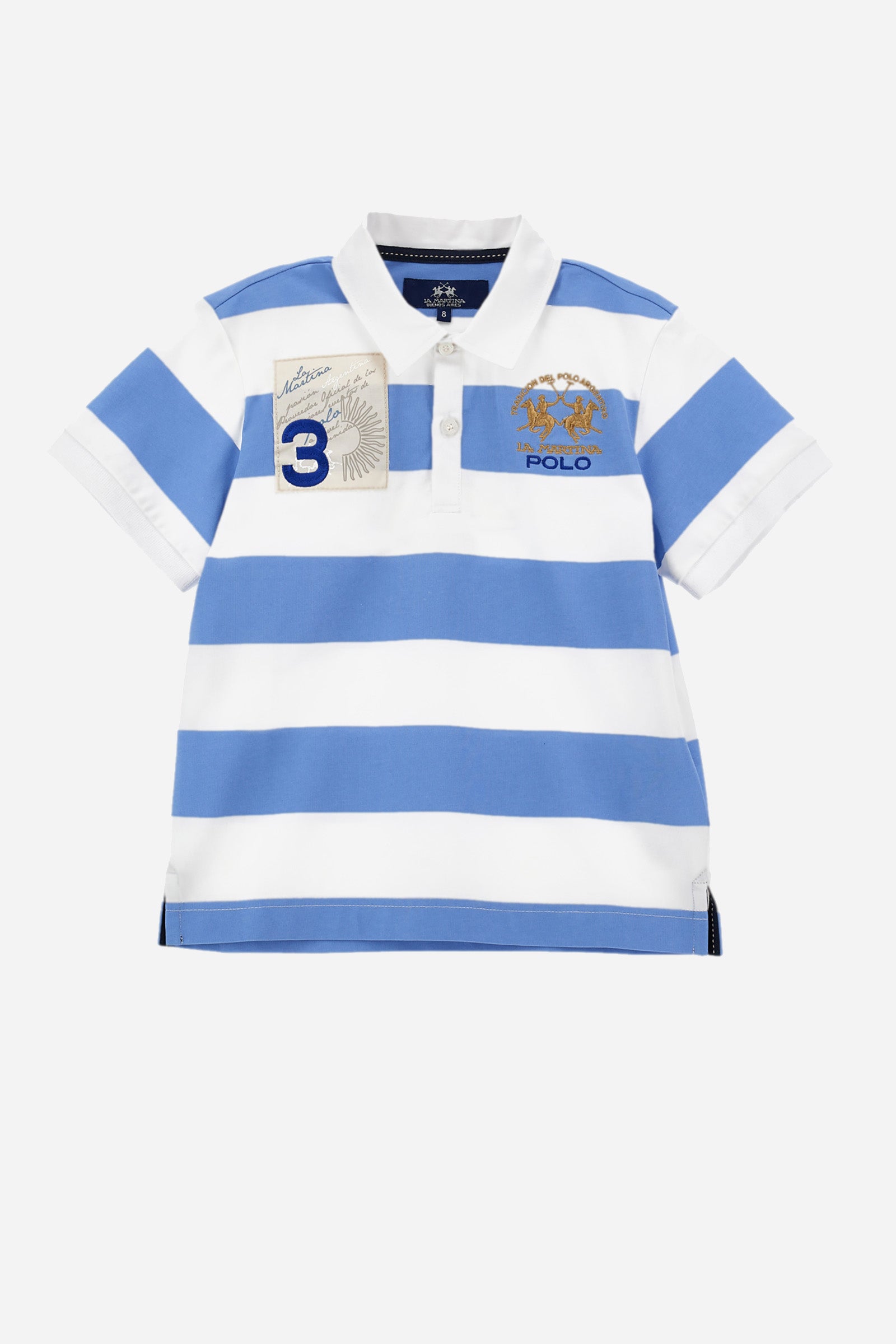 Boys' striped polo shirt, made of cotton jersey. Two-button fastening. There are various embroideries on the front. The logo is present on the chest. - OffWhite+SkyWay
