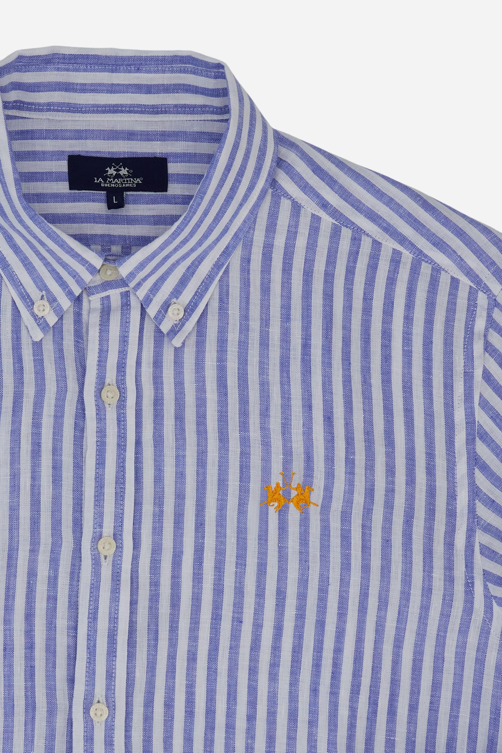 Men’s striped linen long-sleeve shirt with button-down collar. Regular fit and contrast embroidered logo on the chest. - OptWhitePrincessBlue