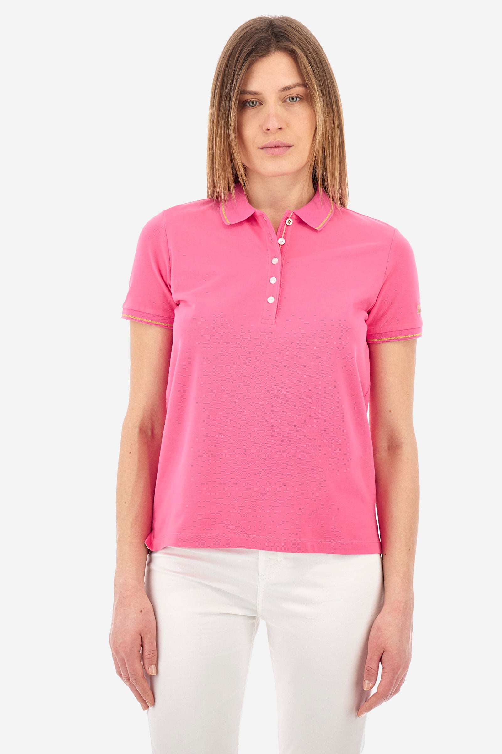 Women’s polo with short sleeves in solid color, made of stretch cotton. 5-button closure. Collar and crew sleeves profiled and ribbed. Side slits. Under the collar there is the inscription "La Martina". The logo is embroidered on a sleeve and embellished with the application of some rhinestones. The fit is regular. The model wears a size 2. - Hot Pink