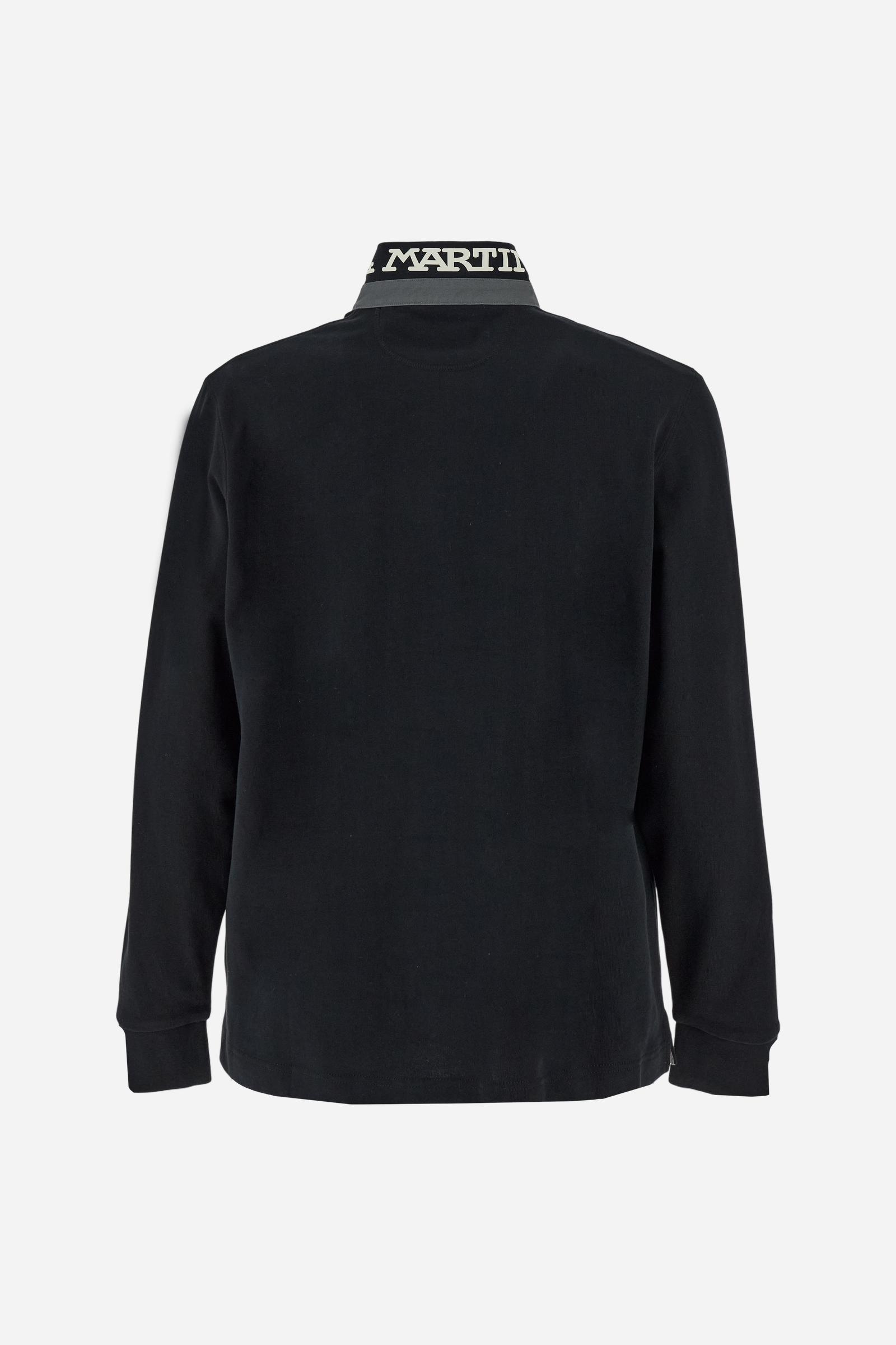 Men’s long-sleeve polo in premium soft-touch cotton jersey for a luxurious feel on the skin. Contrast gabardine details on the collar. Upper collar in tone-on-tone ribbing with printed La Martina lettering undercollar. Three customized buttons, enhanced by a multicolor striped tape on the placket. Contrast embroidered team logo on the chest. Regular fit. Model wears size L. - Black