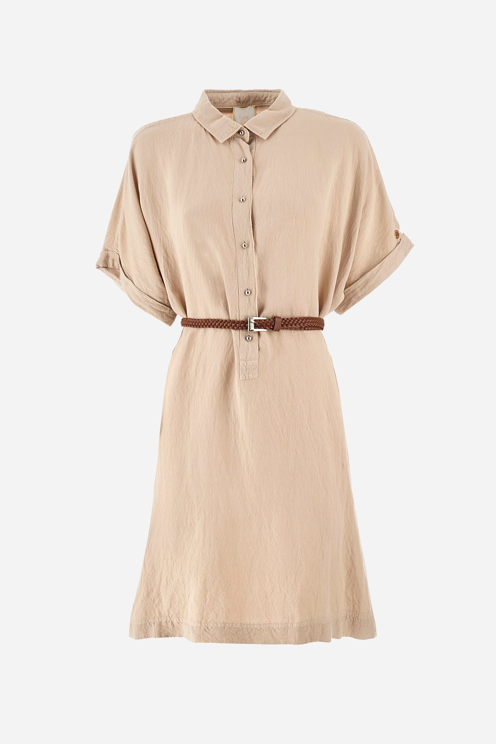 Single-colour short-sleeved dress, in a linen blend. Soft, straight cut silhouette, above-the-knee length. Waistline marked by the belt supplied with the garment. French collar. With button fastening. Featuring two front welt pockets. The number 2 and the lettering "La Martina" are embroidered on the back. The logo is present on a metal plate sewn on one sleeve. The fit is regular. The model wears a size 2. - Tidal Foam