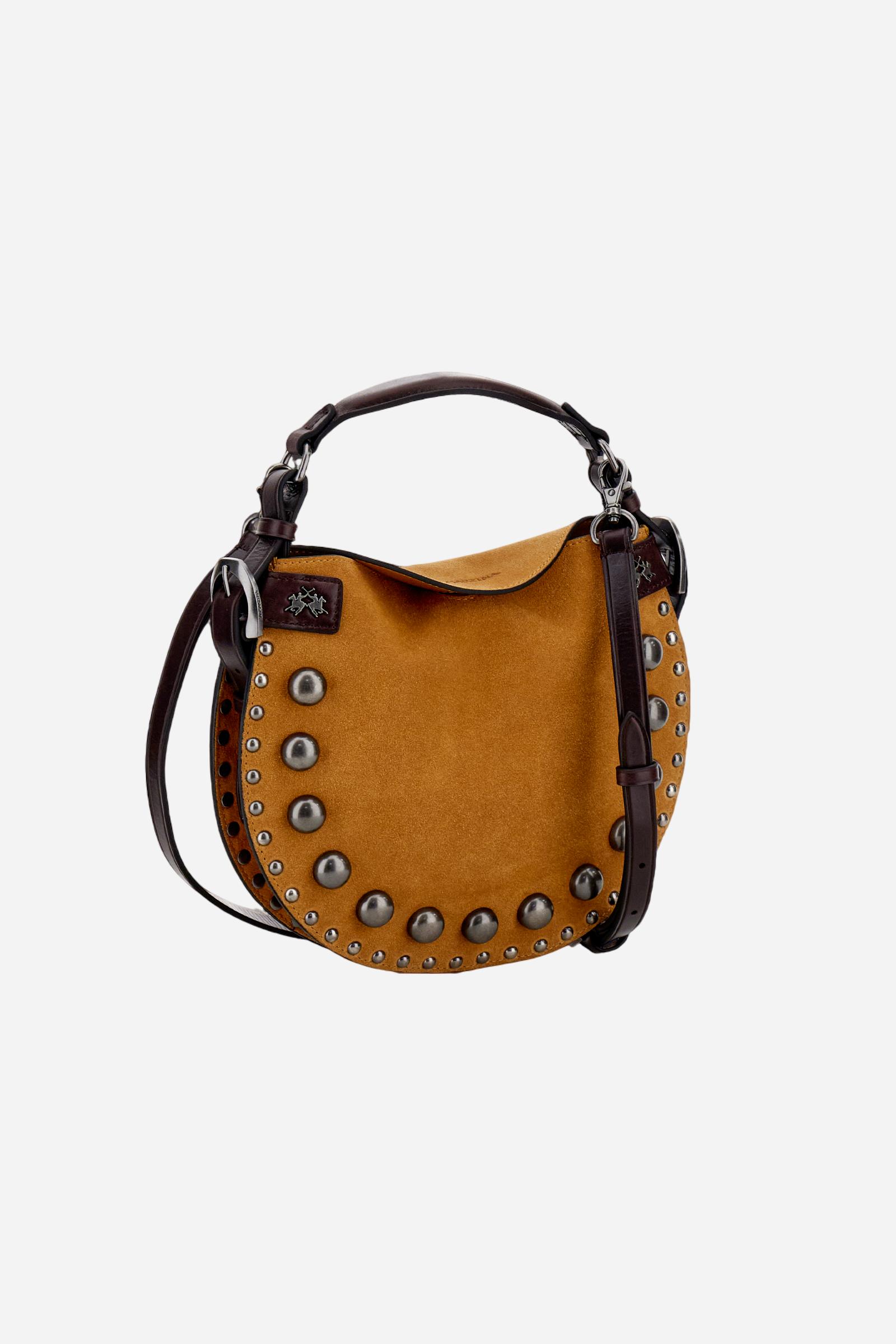 Small suede crescent bag with contrasting leather handles and strap, enhanced with small decorative studs. - HONEY/DARK CHOCOLATE