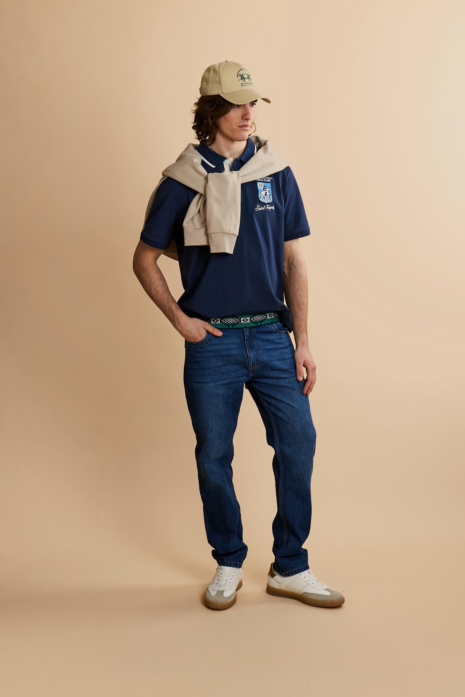 Five-pocket jeans in stretch cotton denim with branded rivets and button. Regular waist and slim leg. Embroidered logo on coin pocket and branded label on the back. - Dark Indigo Denim