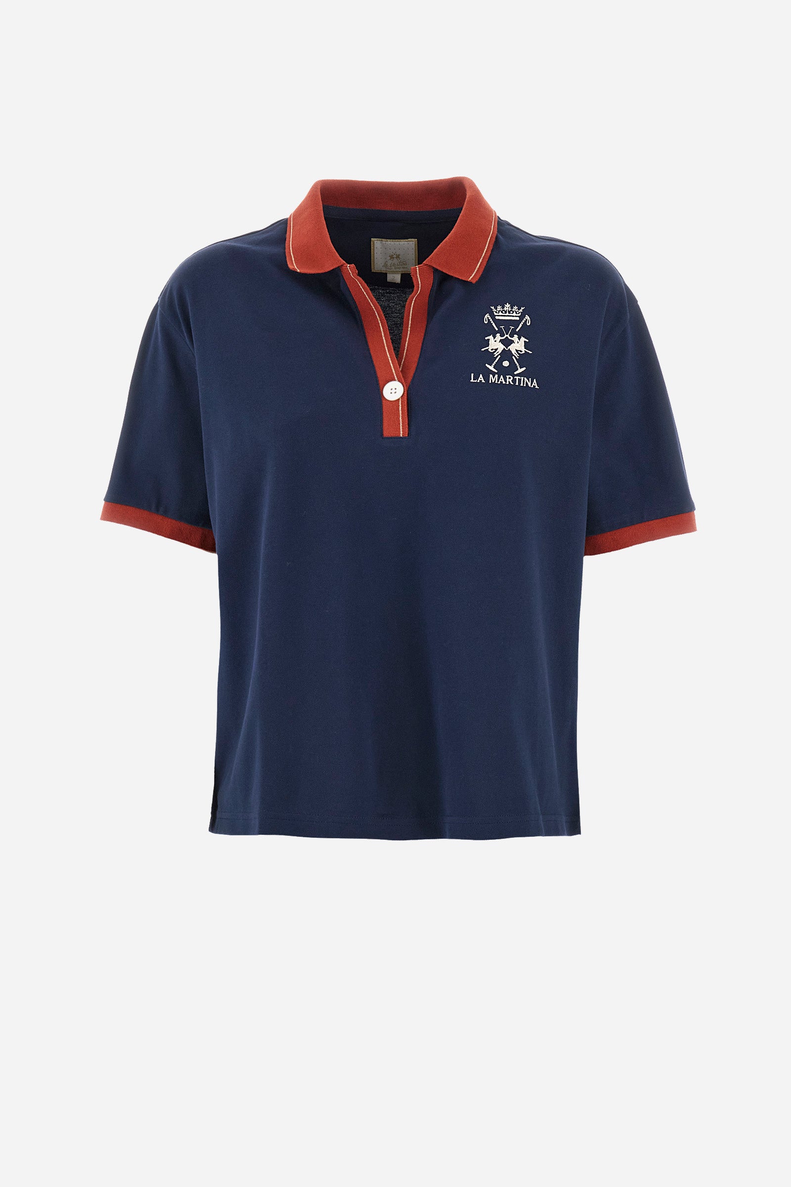 Women’s polo with short sleeves in solid color with contrasting details of the Academy Polo line. Made of stretch cotton. V-neck and armhole hem in contrasting shades. Single button closure. Ribbed neckline, collar and armhole. On the back is sewn the name and logo of the brand. On the back there is a metal plate with the logo applied on a colored strip. The fit is regular. The model wears a size 2. - Navy