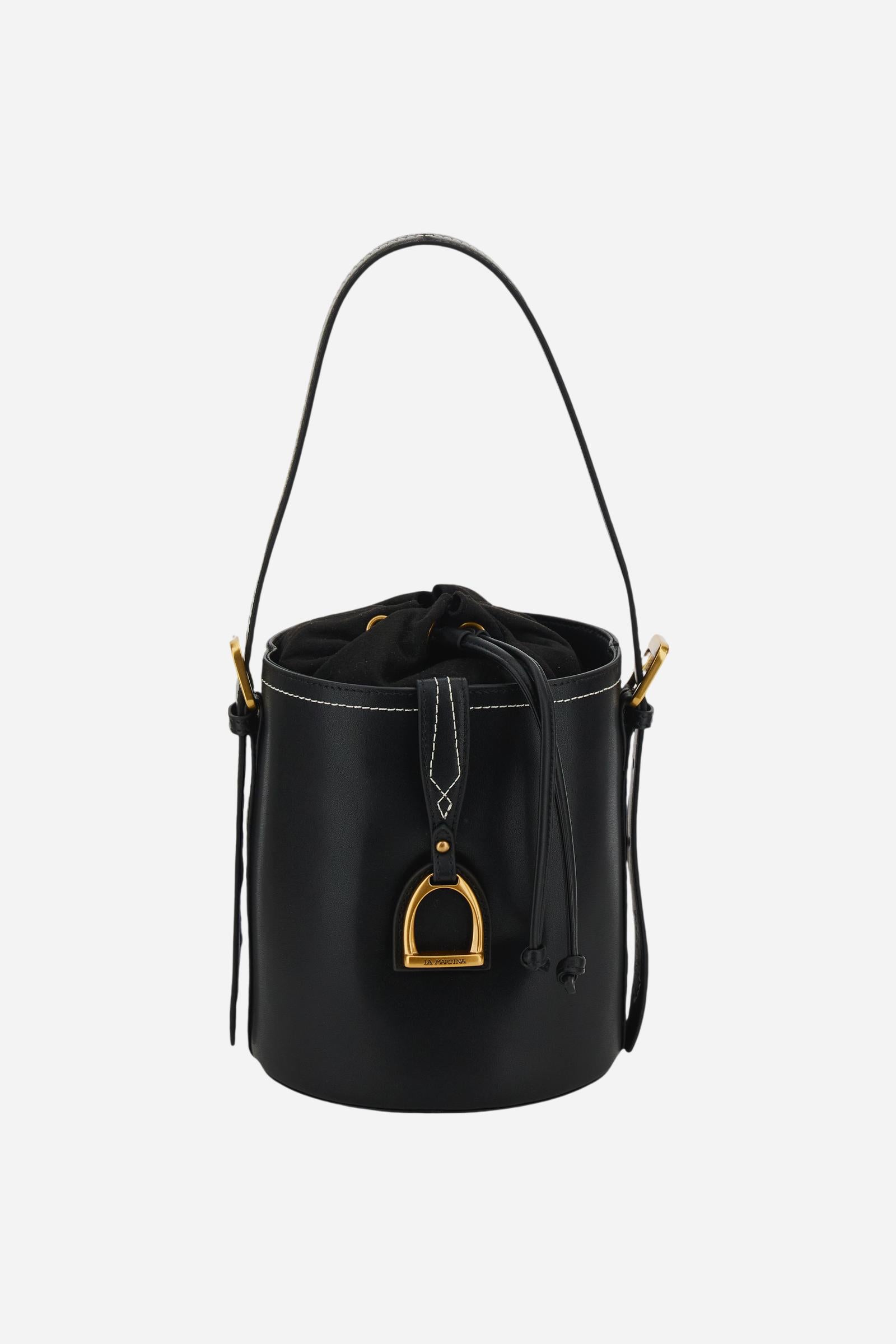 Structured bucket bag in soft calfskin with gold maxi logo buckle on the front, featuring a clean and refined design. - Black